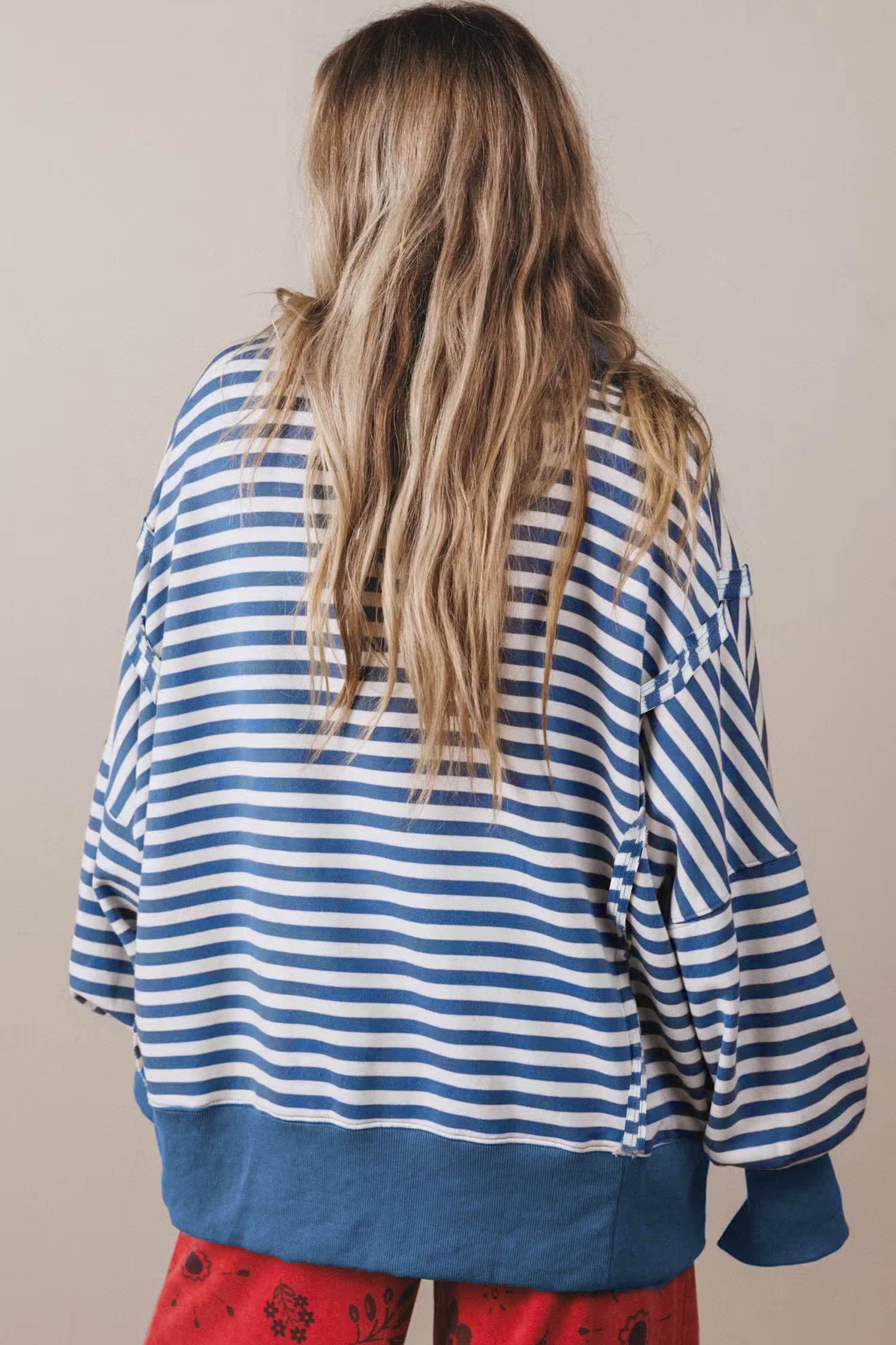 Color Block Trim Raw Seam Split Hem Loose Pullover Sweatshirt – Blue Stripe