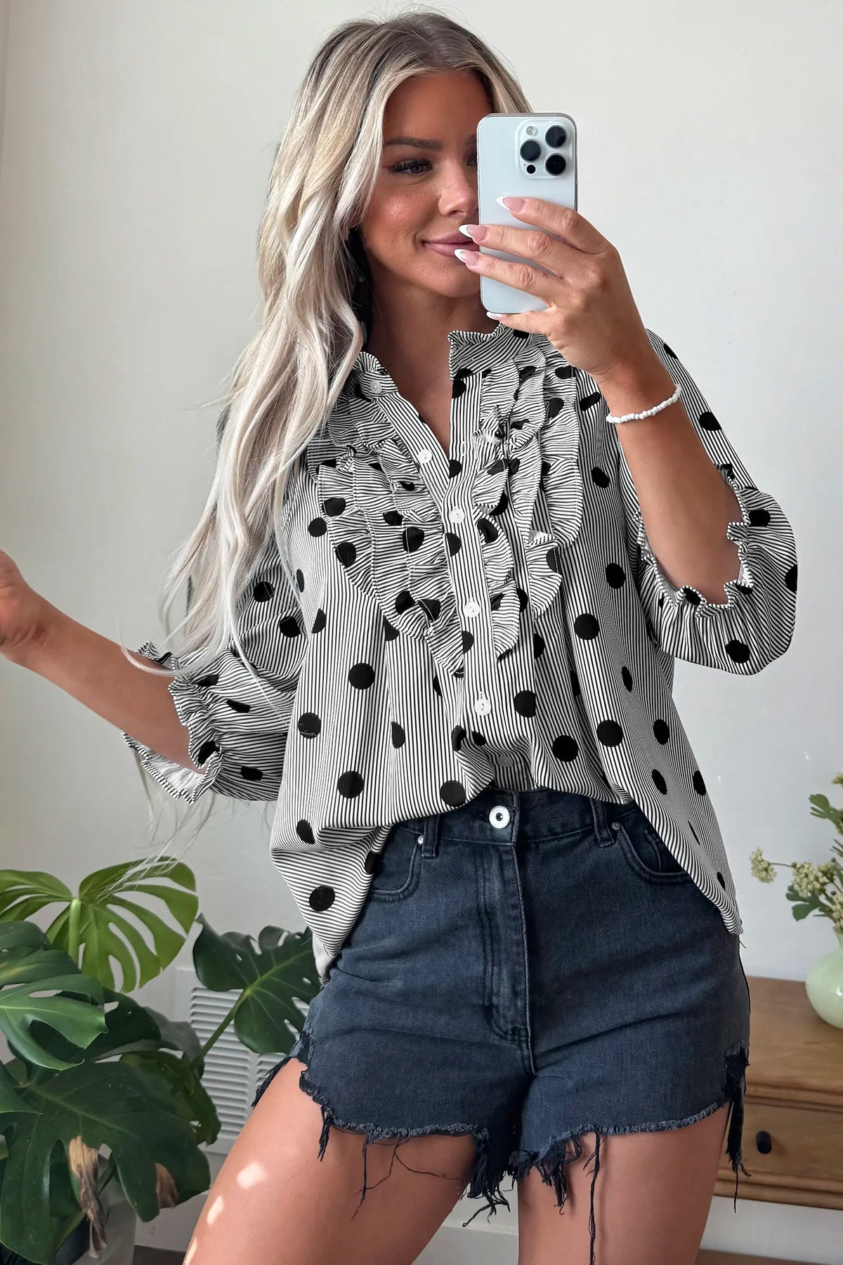 Polka Dot Striped Print Ruffle Stand Neck 3/4 Sleeve Shift Shirt – Black White