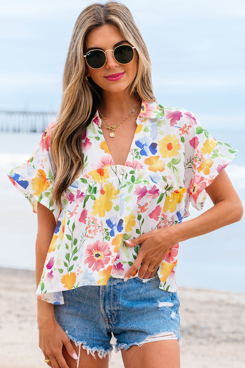 Yellow Floral Boxy Fit Ruffled Short Sleeve V Neck Blouse eAura
