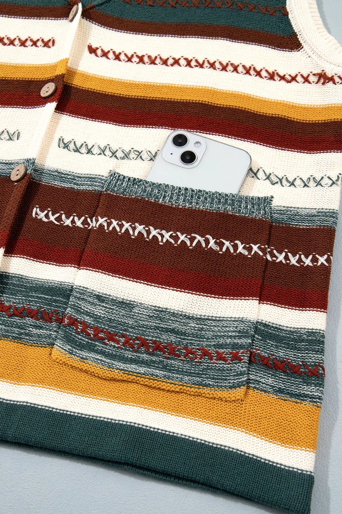 Striped Button Front Sleeveless Knit Regular Fit Sweater Vest – Multicolour