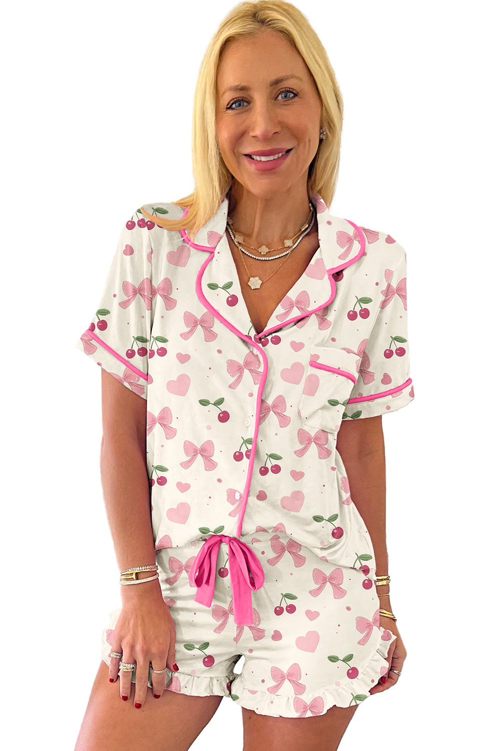 White Floral Print Contrast Pipping Short Pyjamas Set eAura
