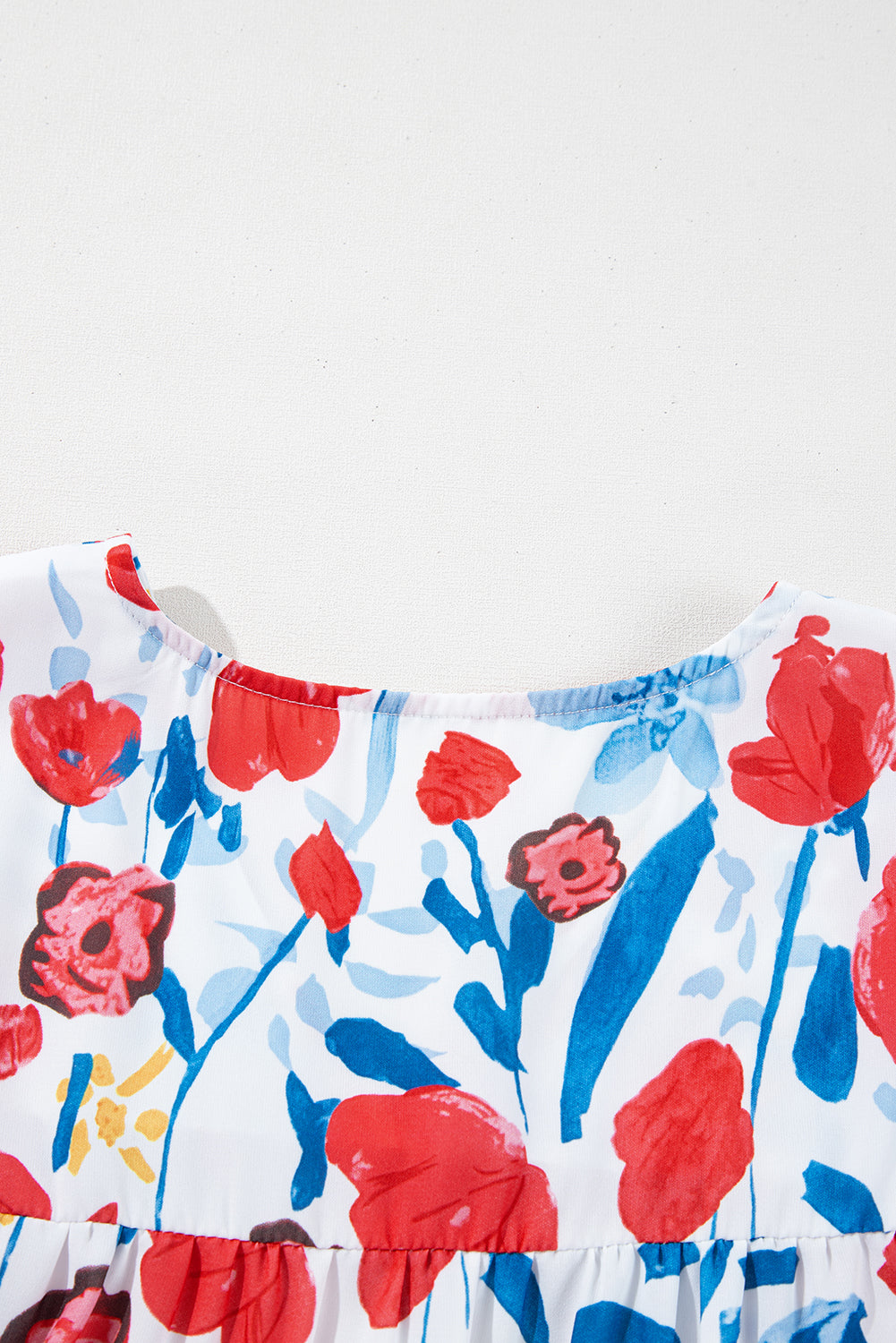 Red Flowers Pintuck Detail V-Neck Ruffled Sleeve Top eAura