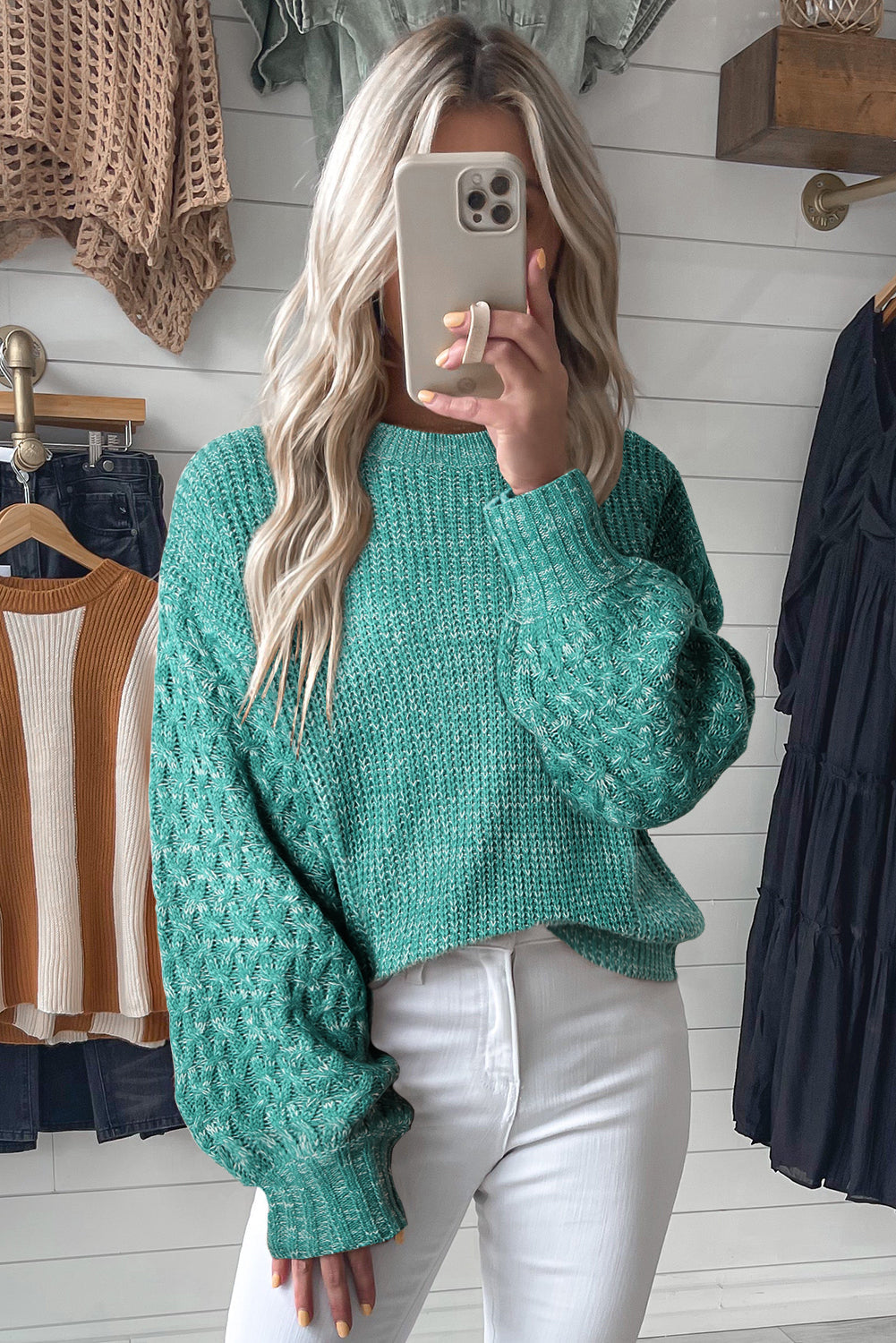 Light Grey Cable Knit Sleeve Drop Shoulder Sweater eAura