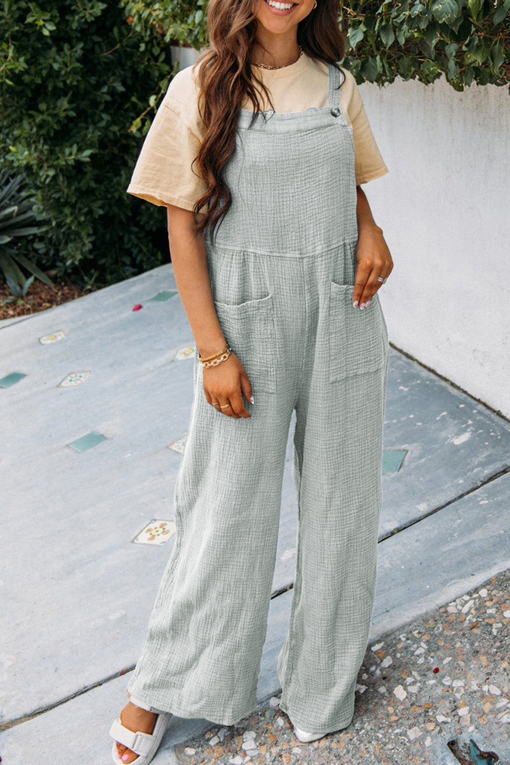 Gray Textured Wide Leg Overall with Pockets BB Fashion Outlet