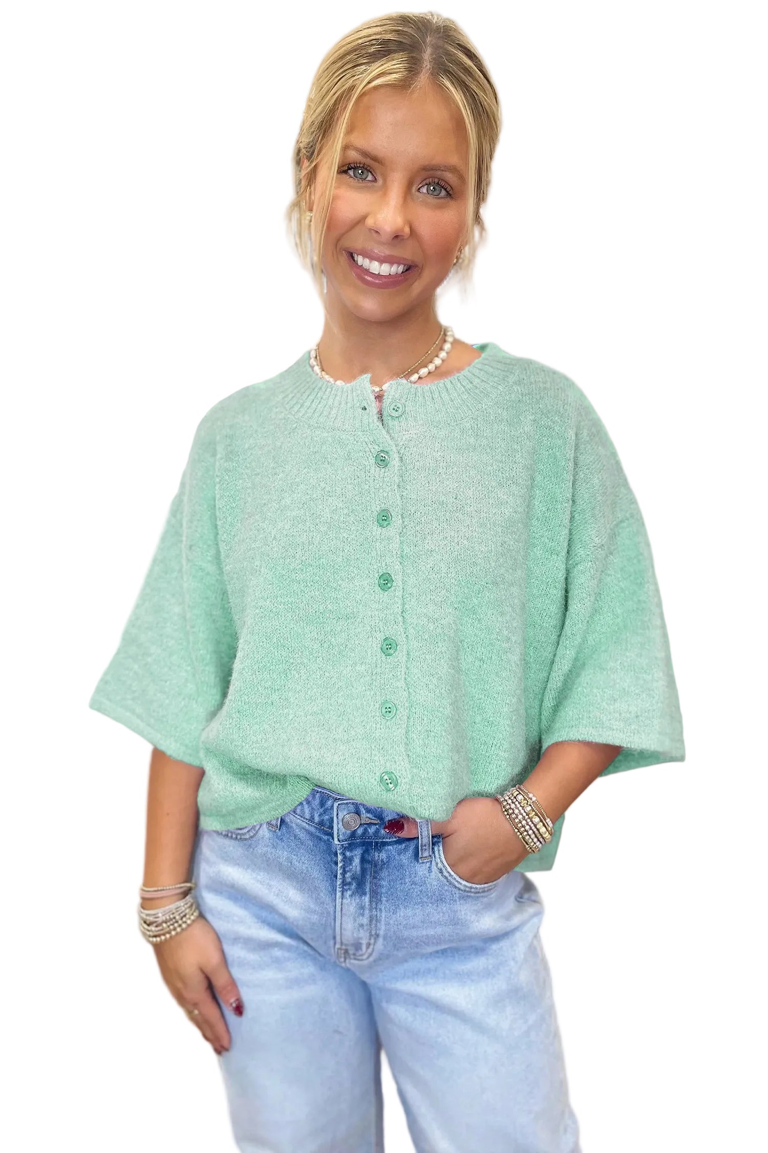 3/4 Sleeve Boxy Knit Button-Down Sweater Cardigan