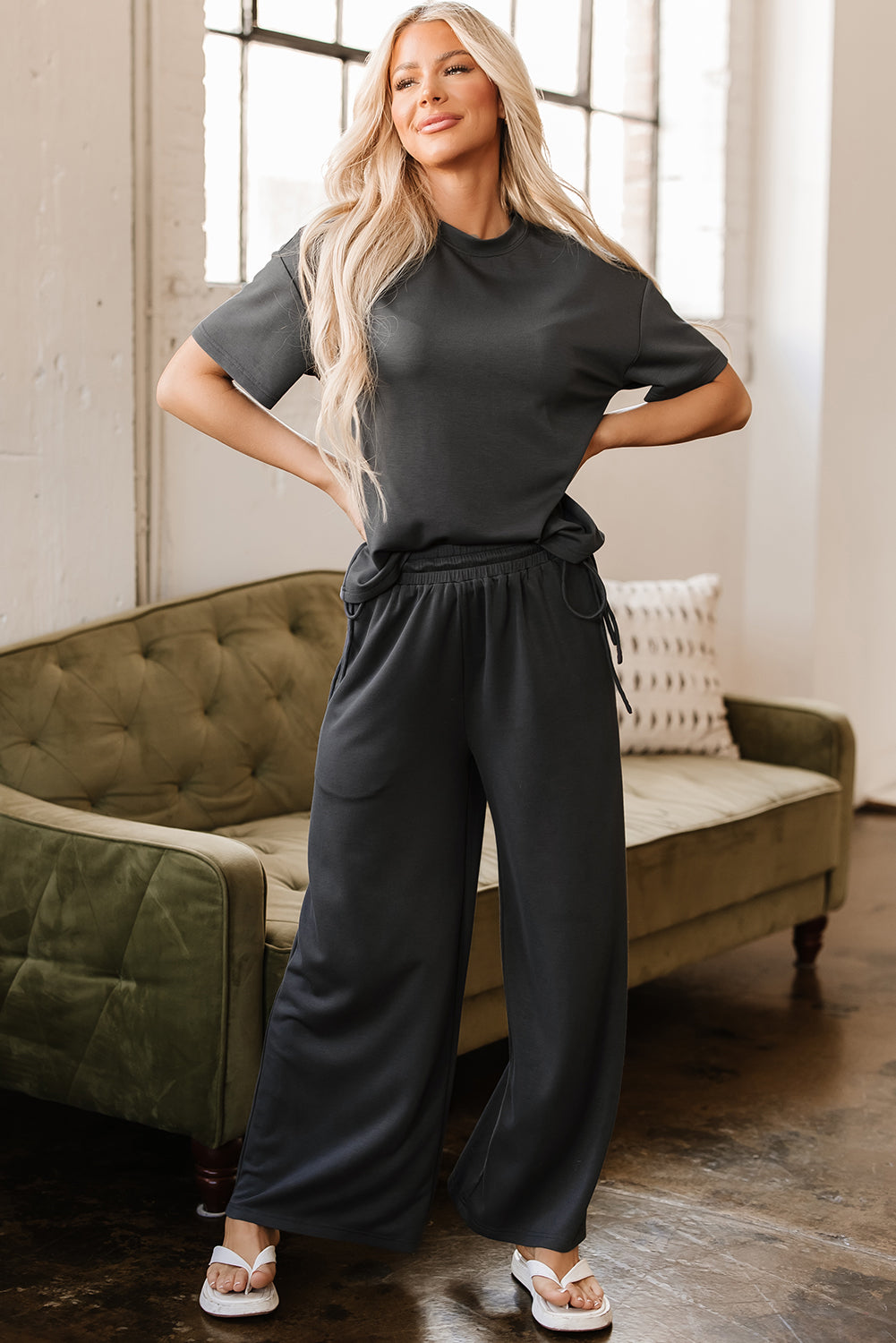 Dark Grey Drawstring Side Crewneck Tee and Loose Trousers Set eAura