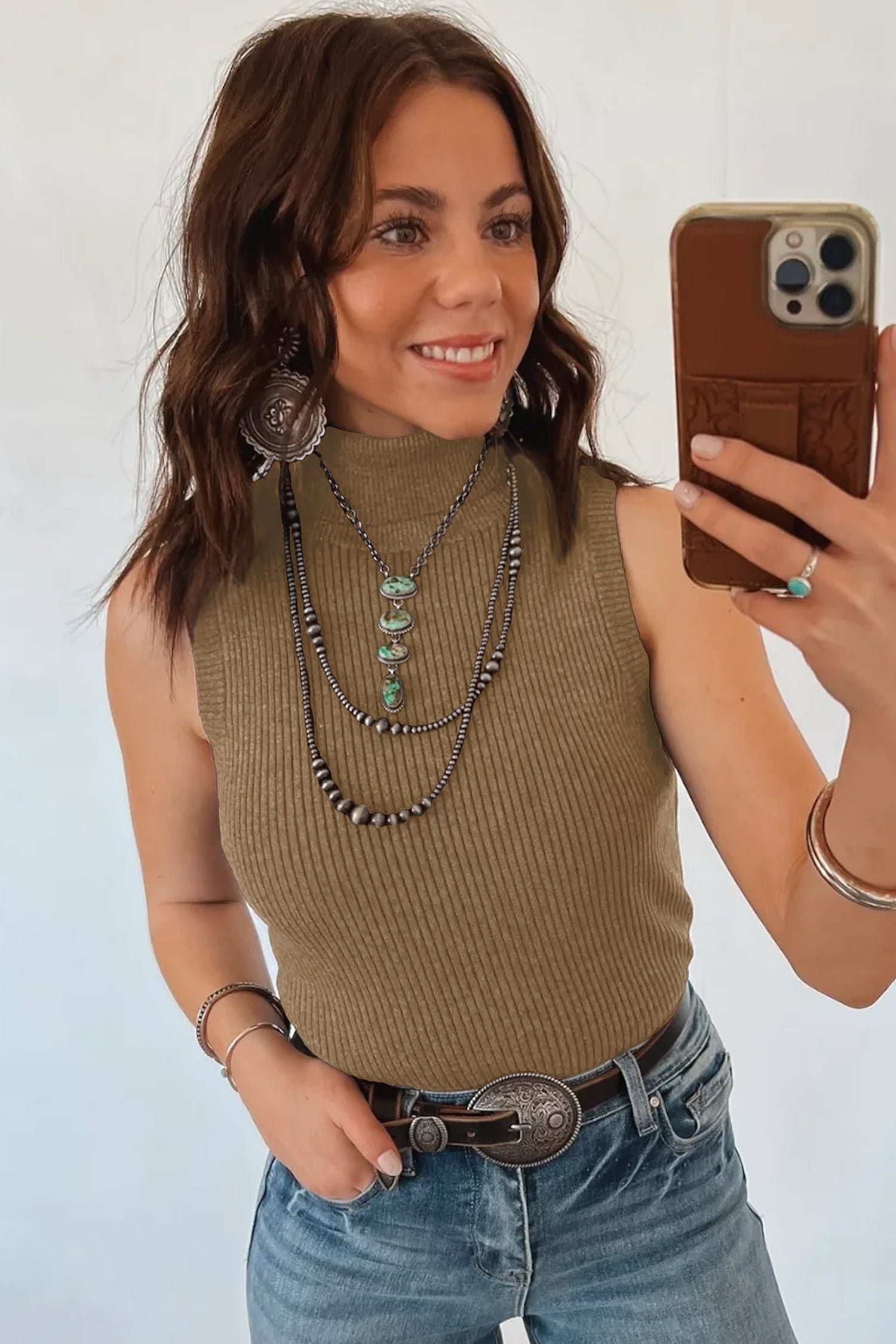 Western Ribbed Knit High Neck Sleeveless Waist Slim Fit Sweater Vest – Light French Beige