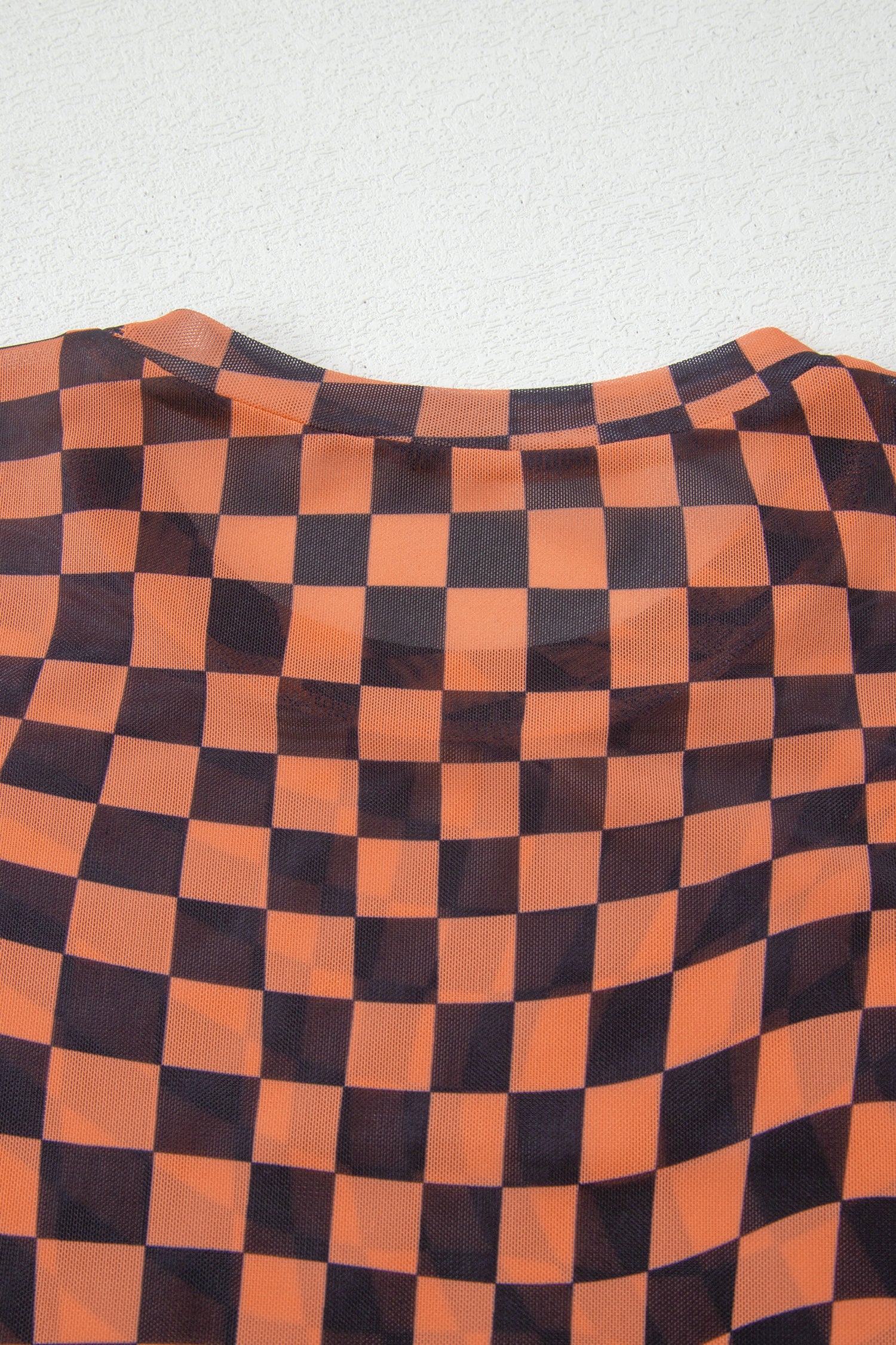 Checkered Print Crew Neck Mesh T-Shirt – Orange, Khaki, Black & Purple