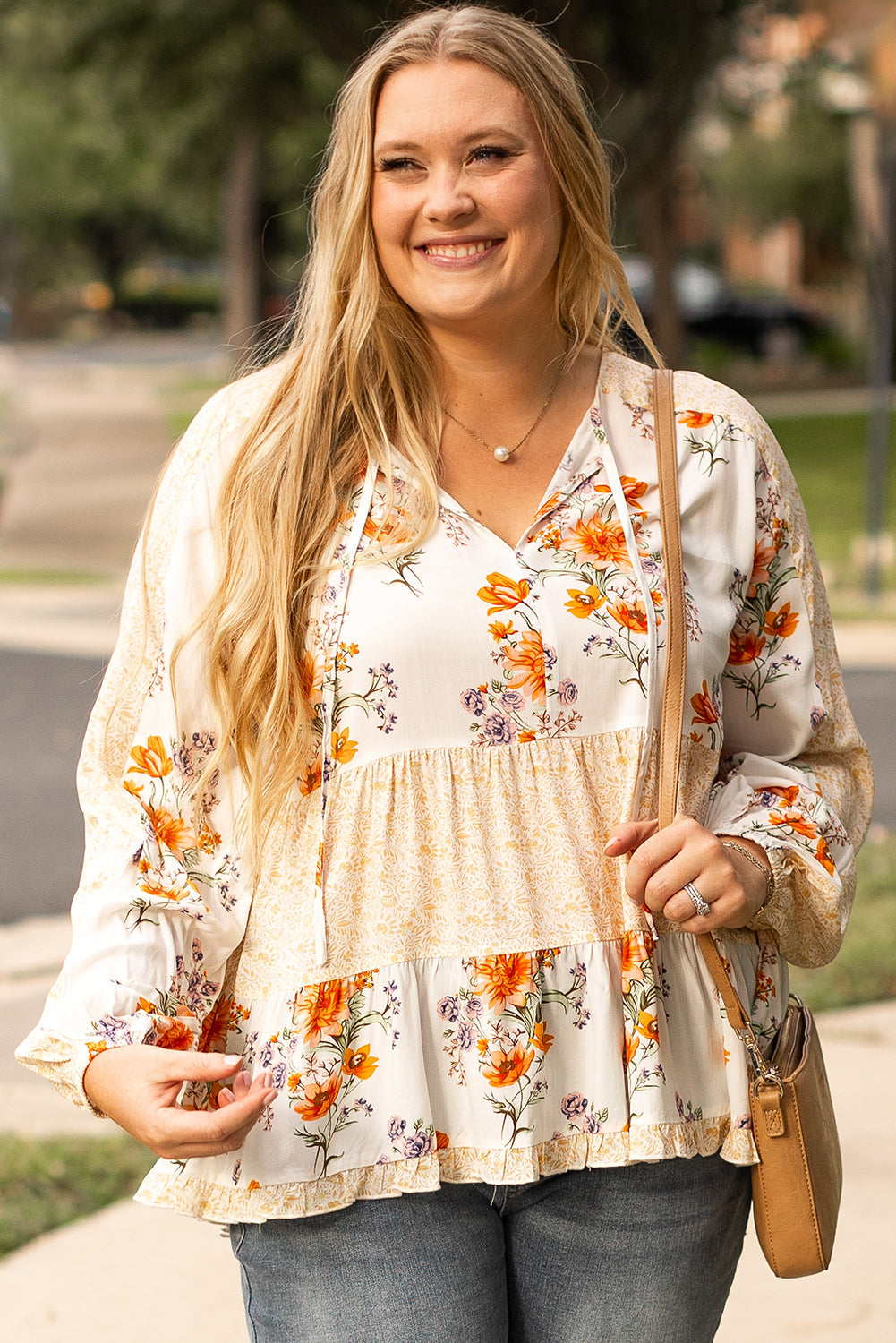 White Plus Size Floral Print V Neck Puff Sleeve Blouse BB Fashion Outlet