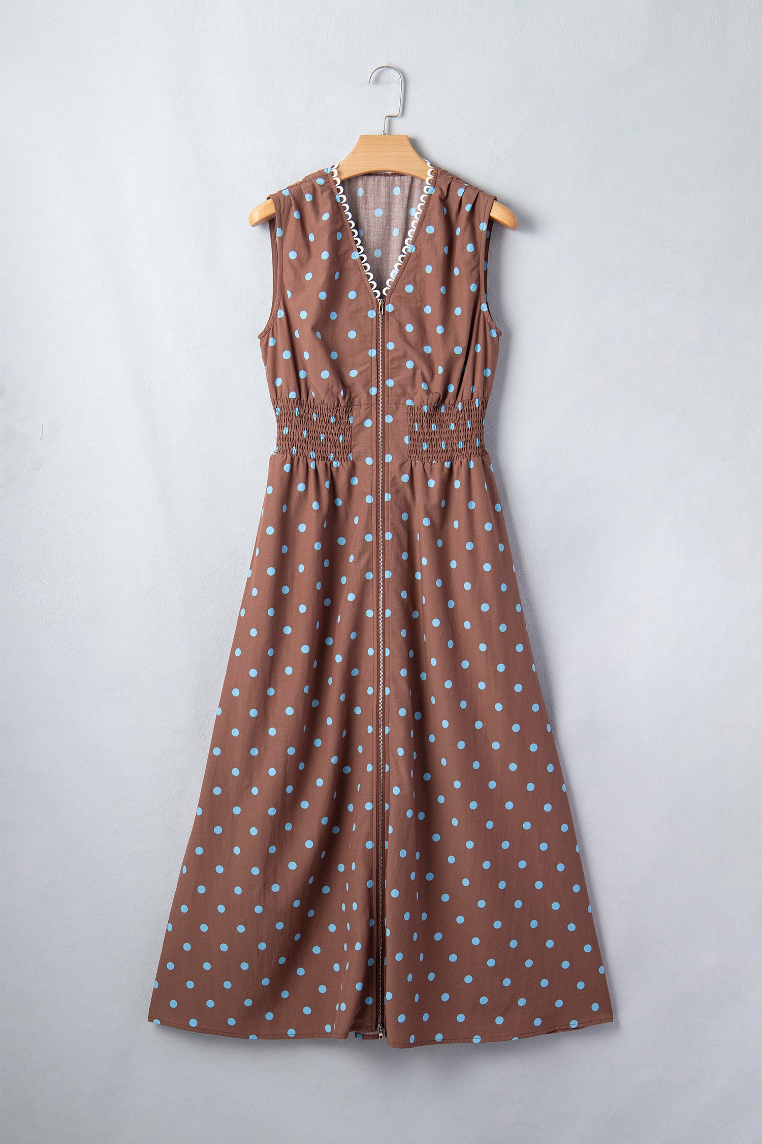 Polka Dot Print Contrast Trim V-Neck Zip Up Sleeveless Dress
