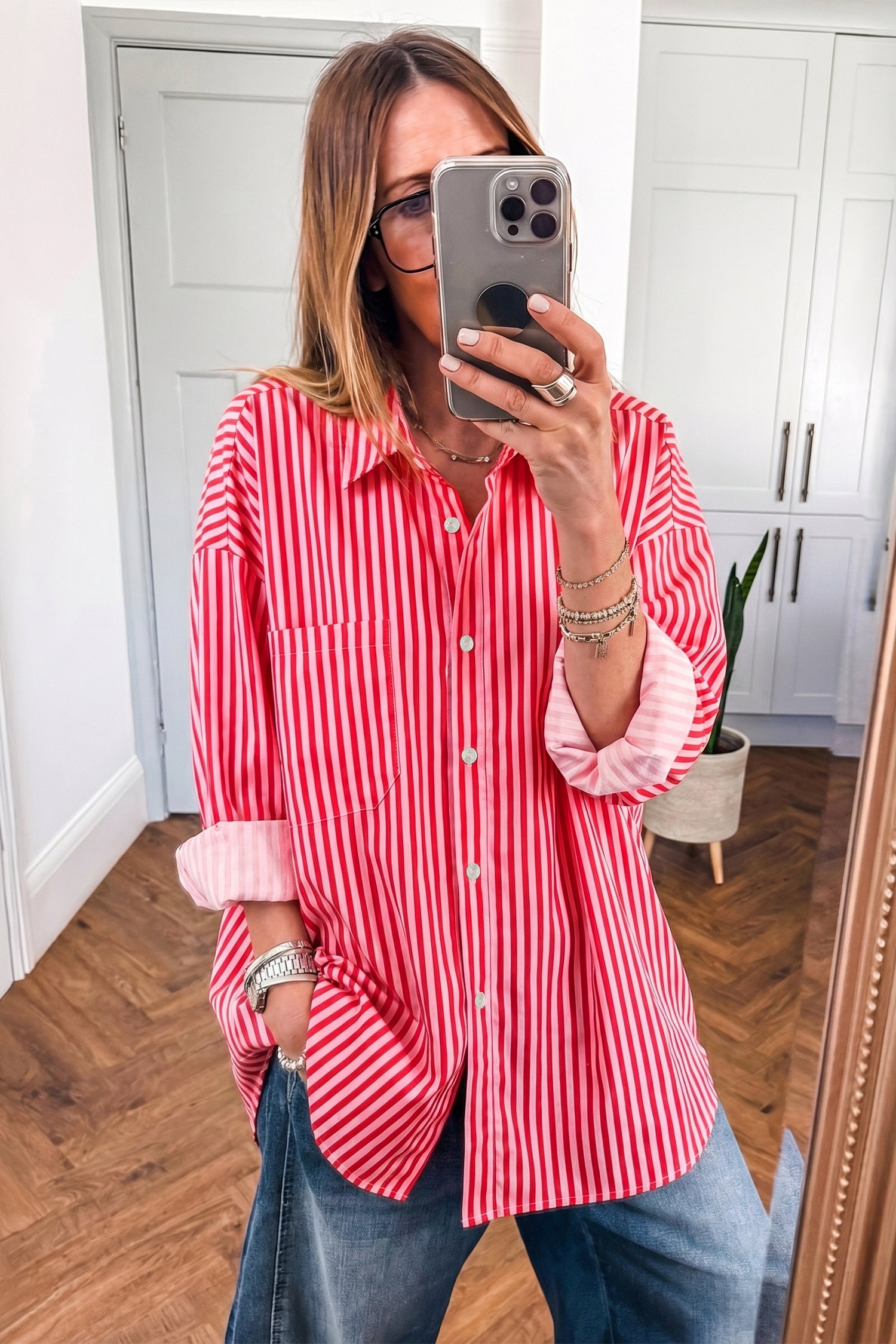 Button-Up Shirt Long Sleeve Patch Pocket Casual Shirt – Red Stripe
