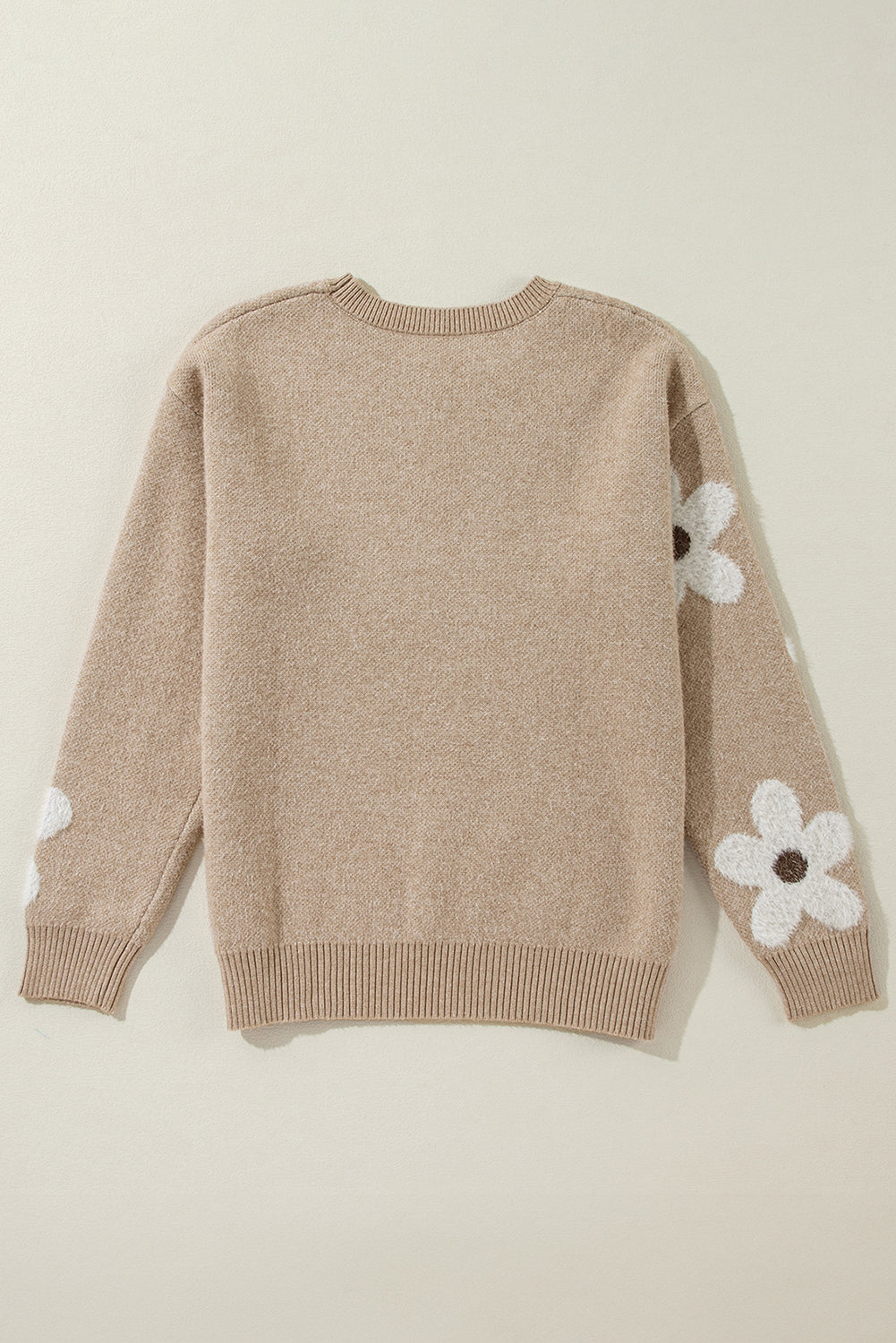 Parchment Flower Pattern Ribbed Trim Crew Neck Sweater eAura
