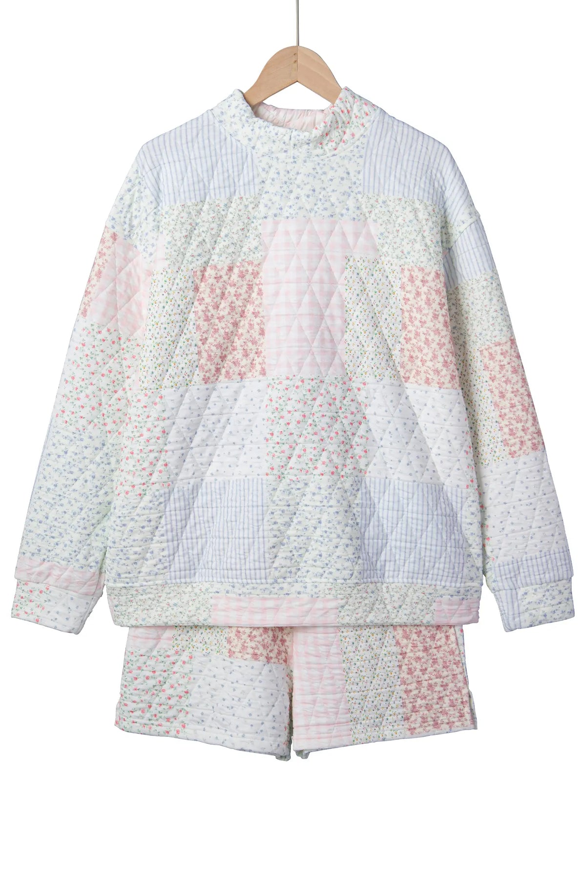Floral Quilted Mock Neck Top and Short Set – Multicolour