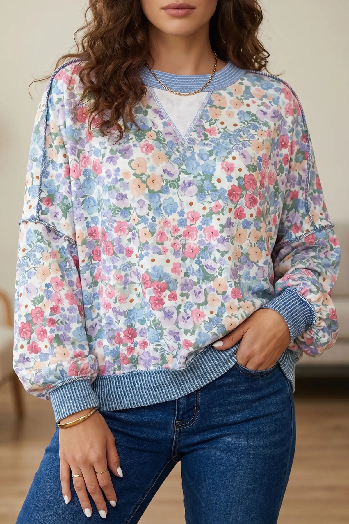 Floral Print Round Neck Long Sleeve Top – Multicolour