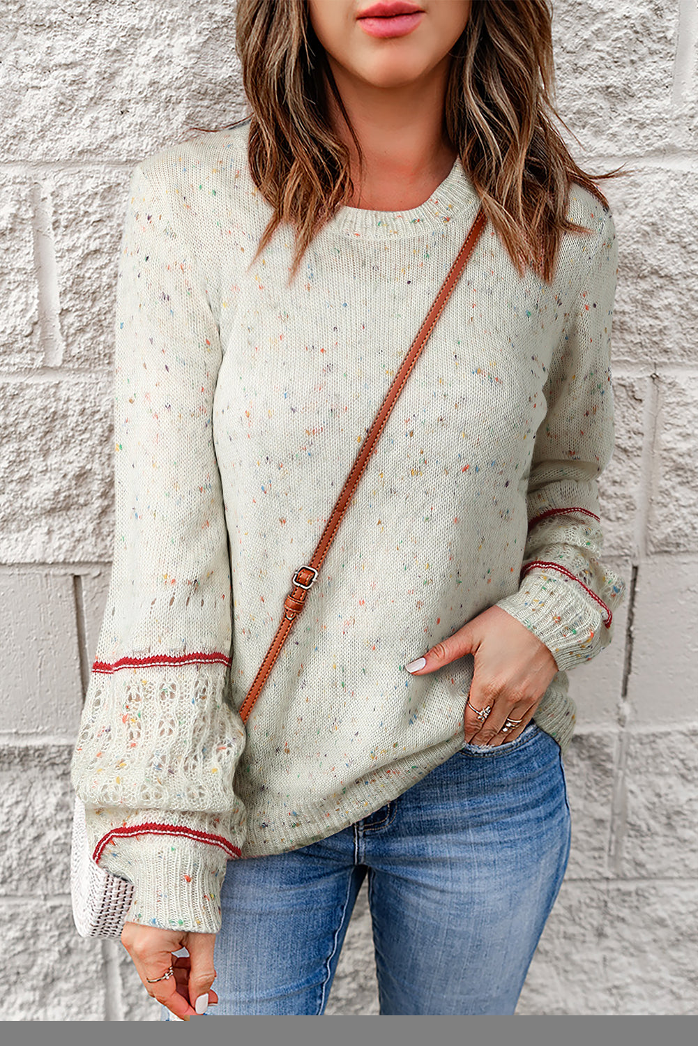 Pink Pilling Detail Patterned Sleeve Sweater eAura