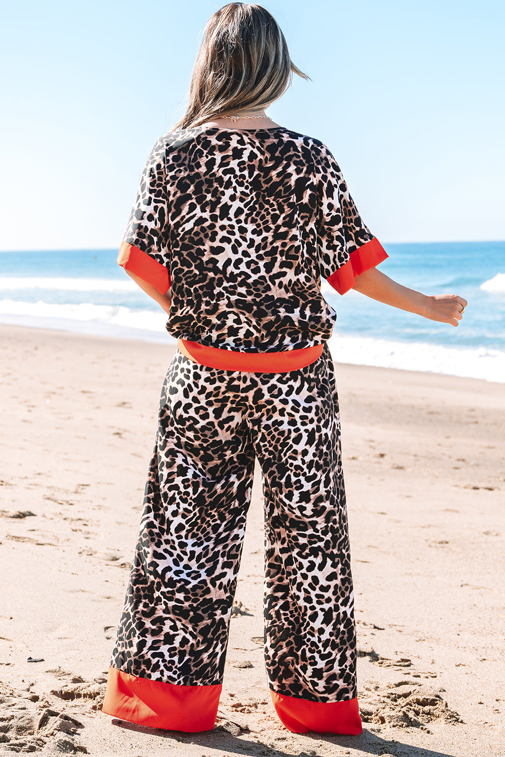 Brown Animal Print Colour Contrast Edge Loose Fit Trousers Set eAura