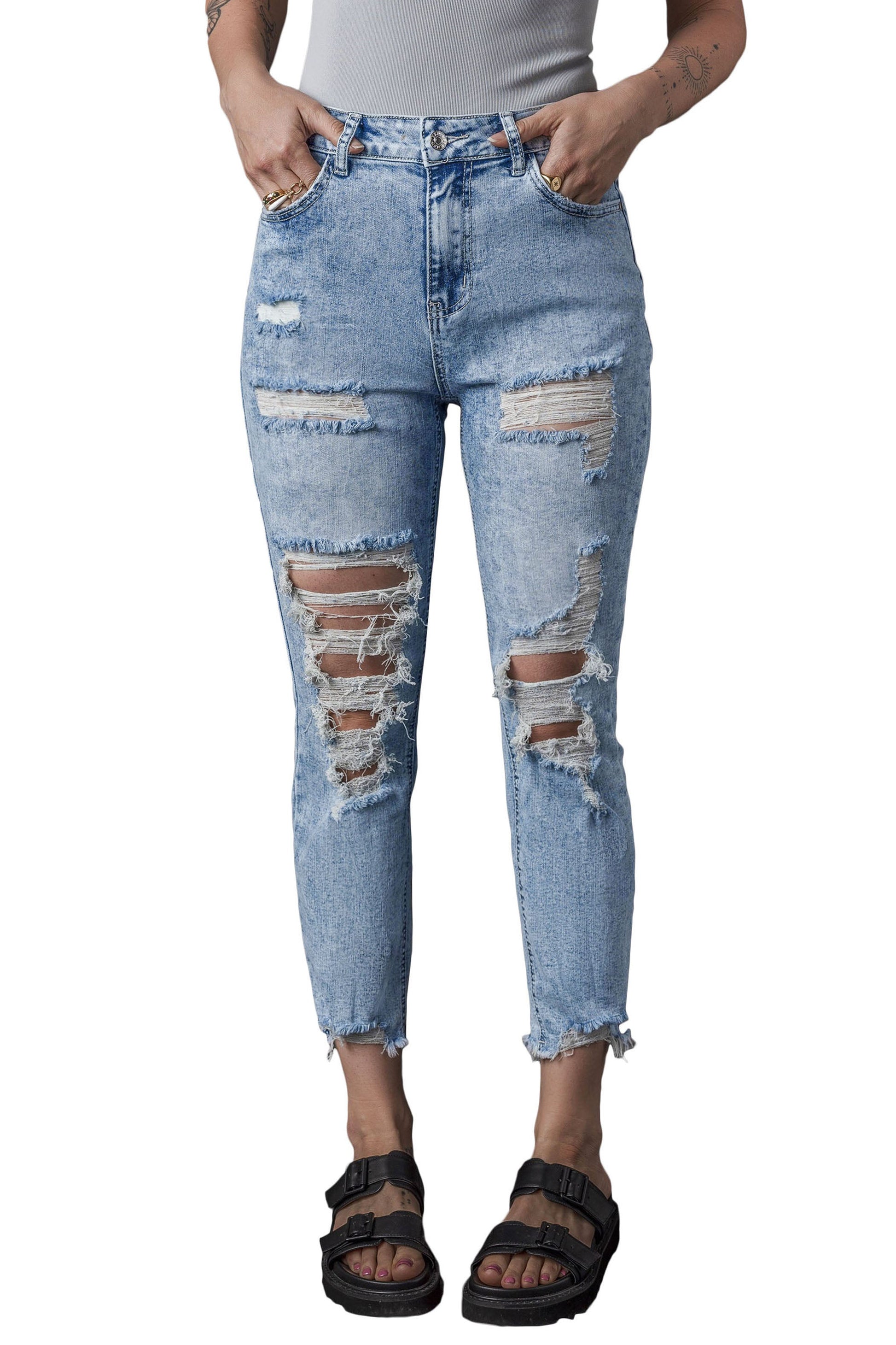 Sky Blue Acid Wash Distressed Slim Fit Jeans Beagle Boutique Fashion Outlet