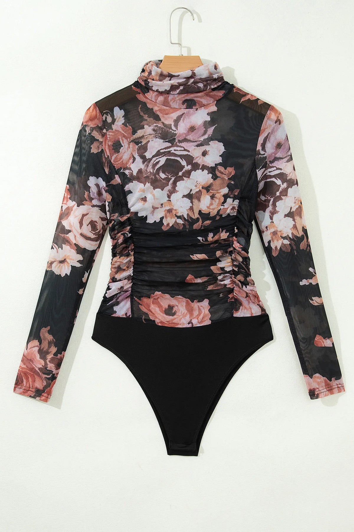 Floral Mesh Long Sleeve High Neck Bodysuit – Brown