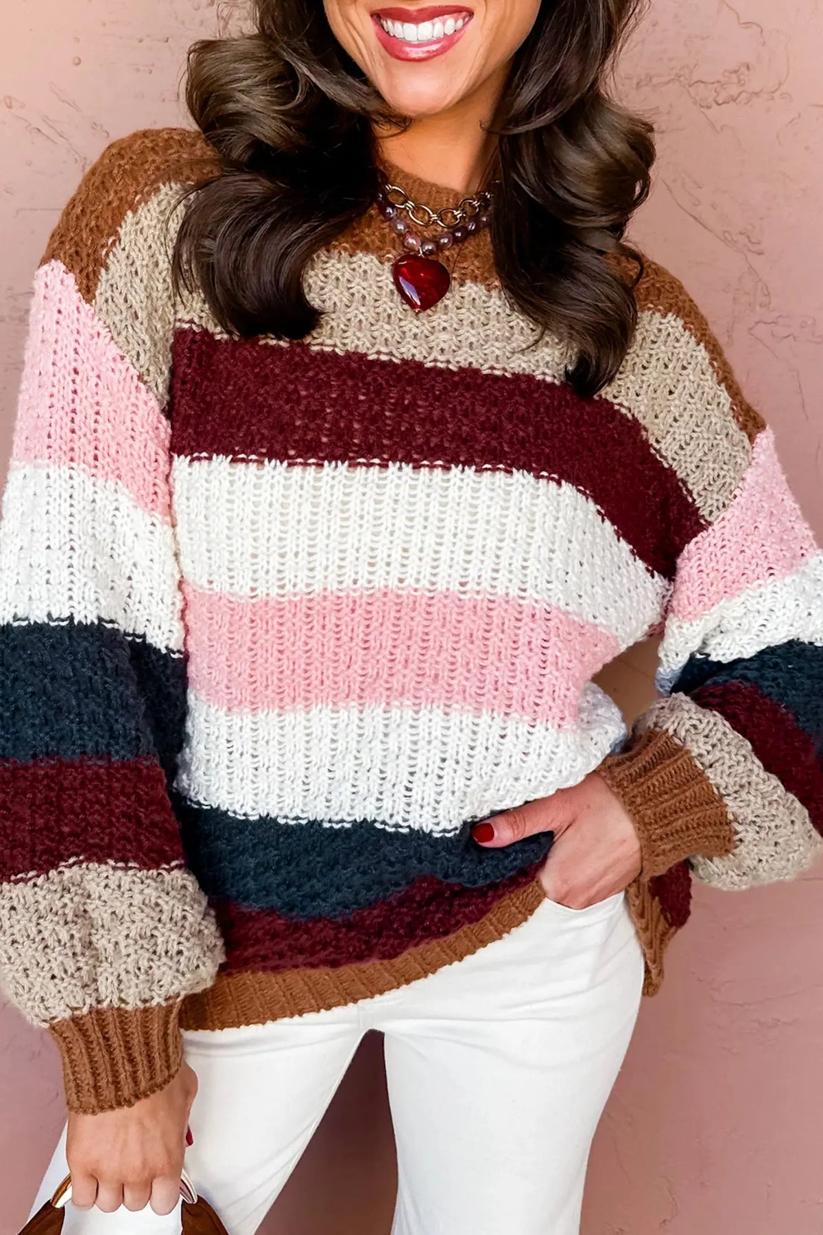 Striped Knit Dropped Shoulder Round Neck Pullover Sweater