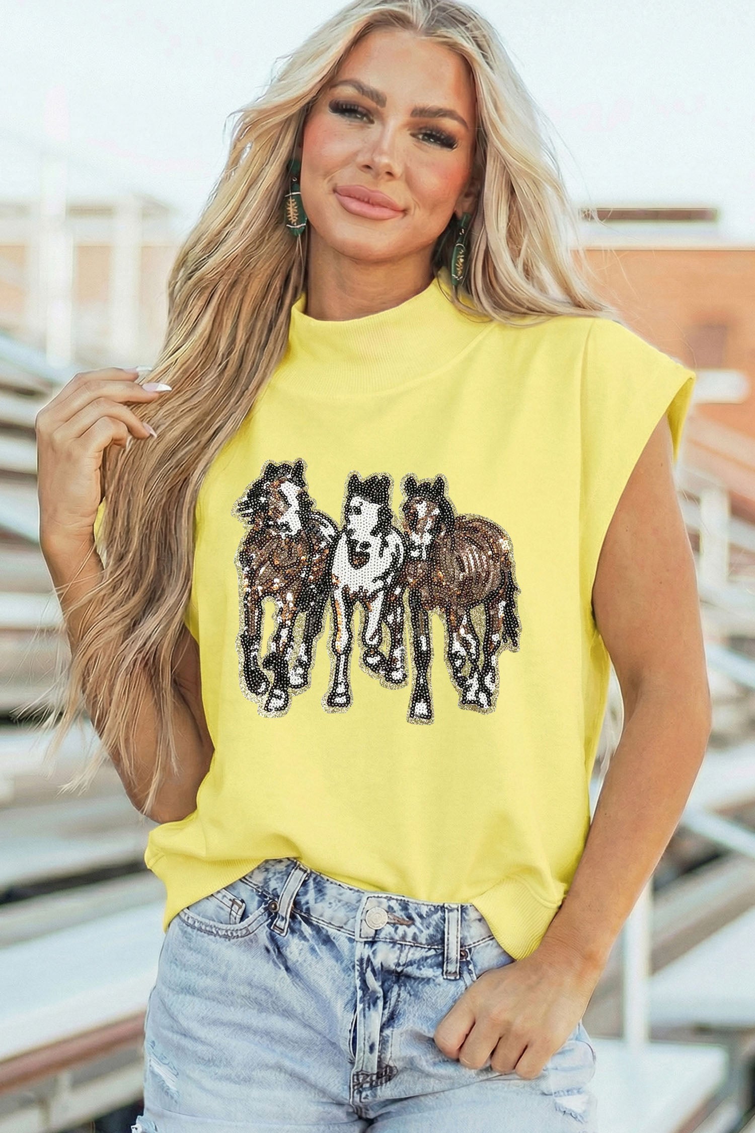 High Neck Sequin Horse Cap Sleeve Tunic Top – Yellow