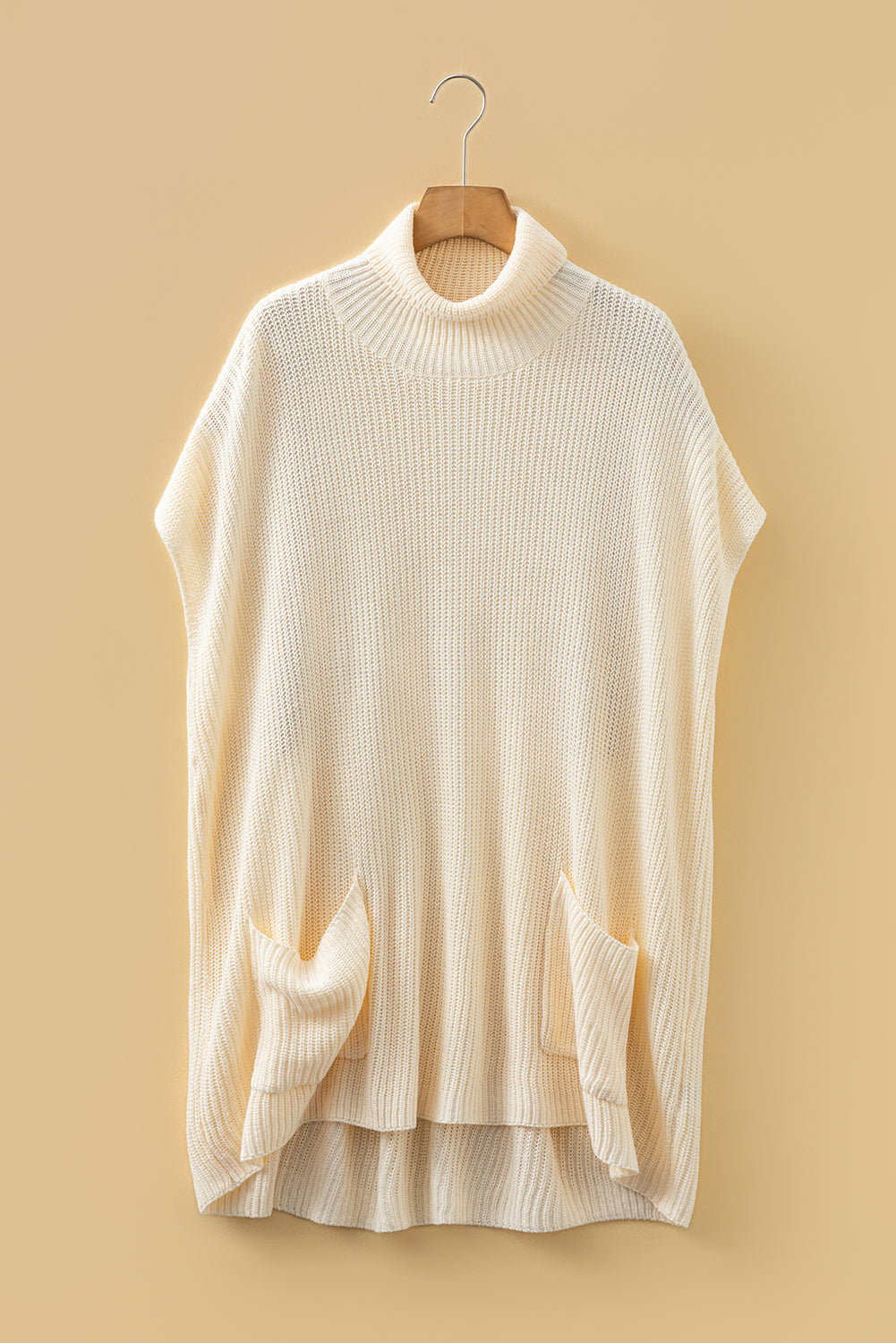 Plain Knit Casual Turtleneck Short Sleeve Tunic Sweater with Pockets - eAura