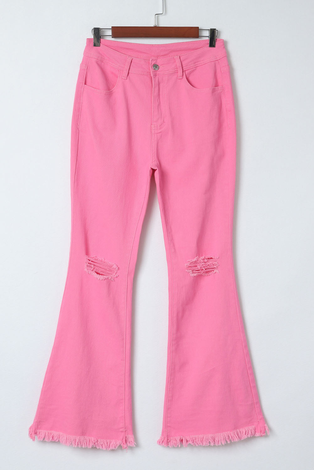 Pink Vintage High Waist Flare Leg Ripped Raw Hem Jeans Beagle Boutique Fashion Outlet