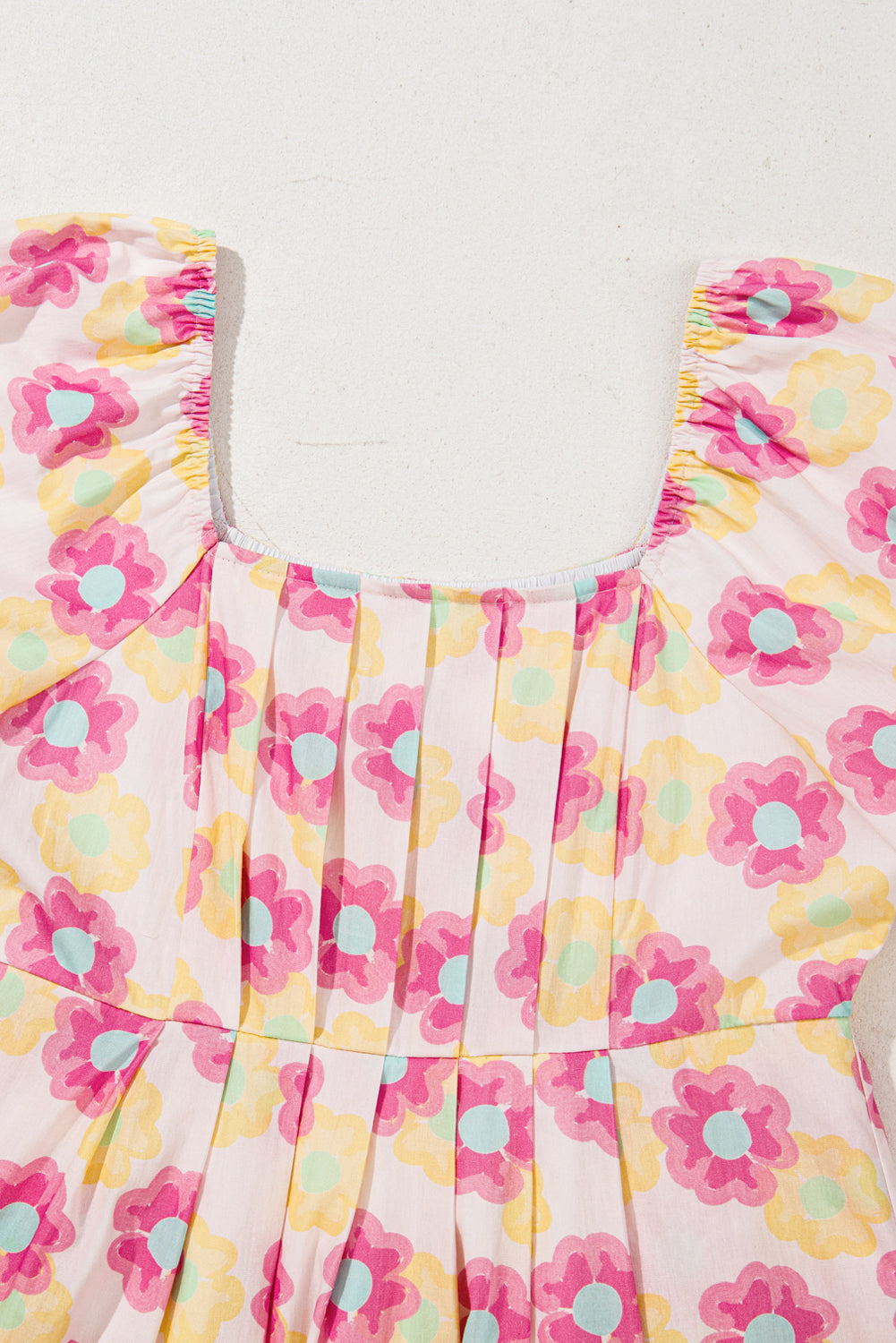 Rose Vibrant Floral Square Neck Puff Sleeve Pleated Flared Midi Dress eAura