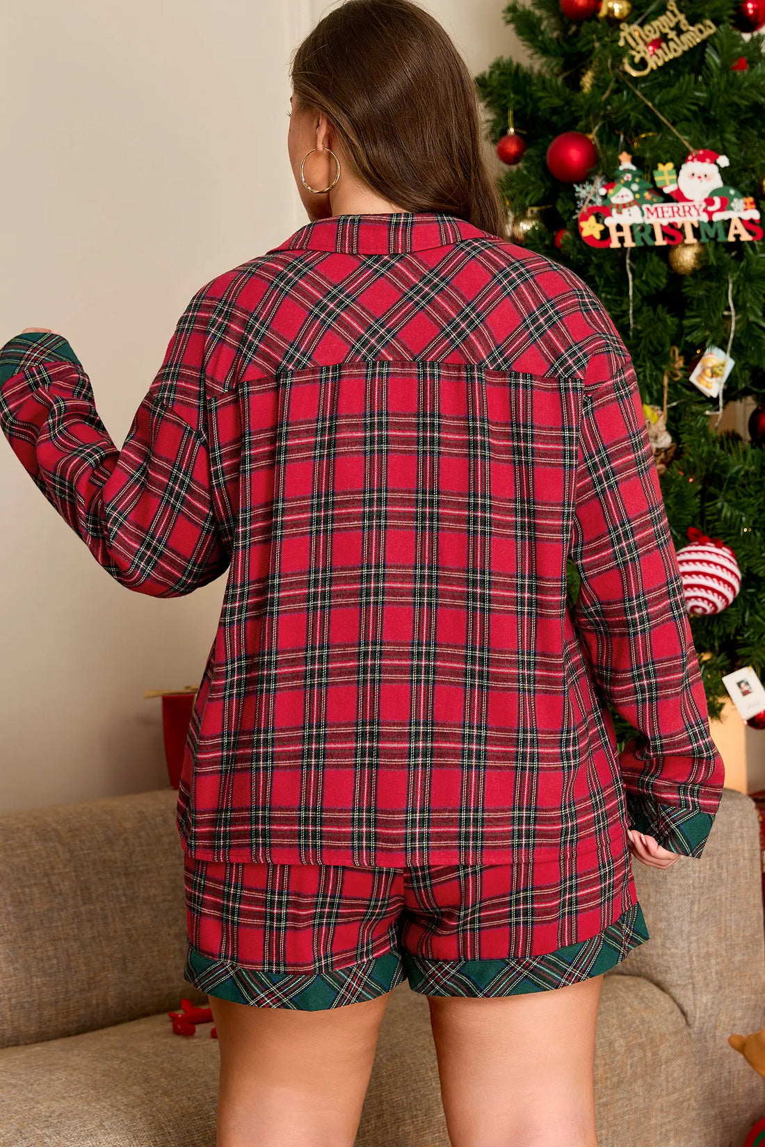 Plus Size Plaid Contrast Patchwork Long Sleeve Shirt and Shorts 2pcs Pajama Set