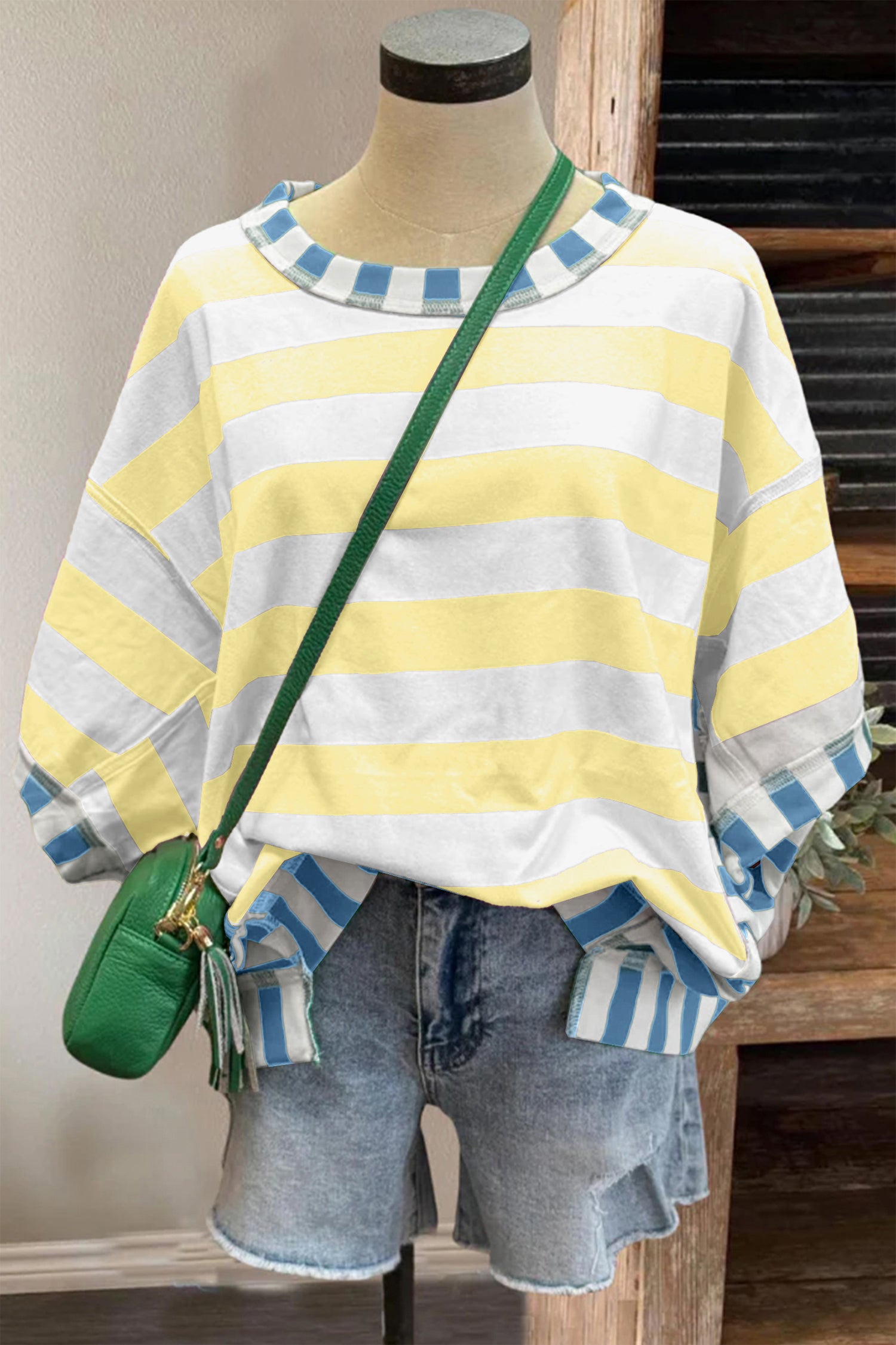 Exposed Seam Contrast Patchwork Oversized Top – Pink Stripe