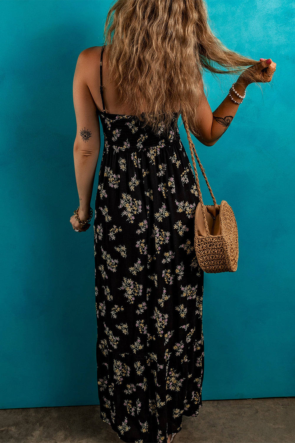 Black Floral Spaghetti Strap Shirred Bodice Tied Empire Waist Maxi Dress eAura