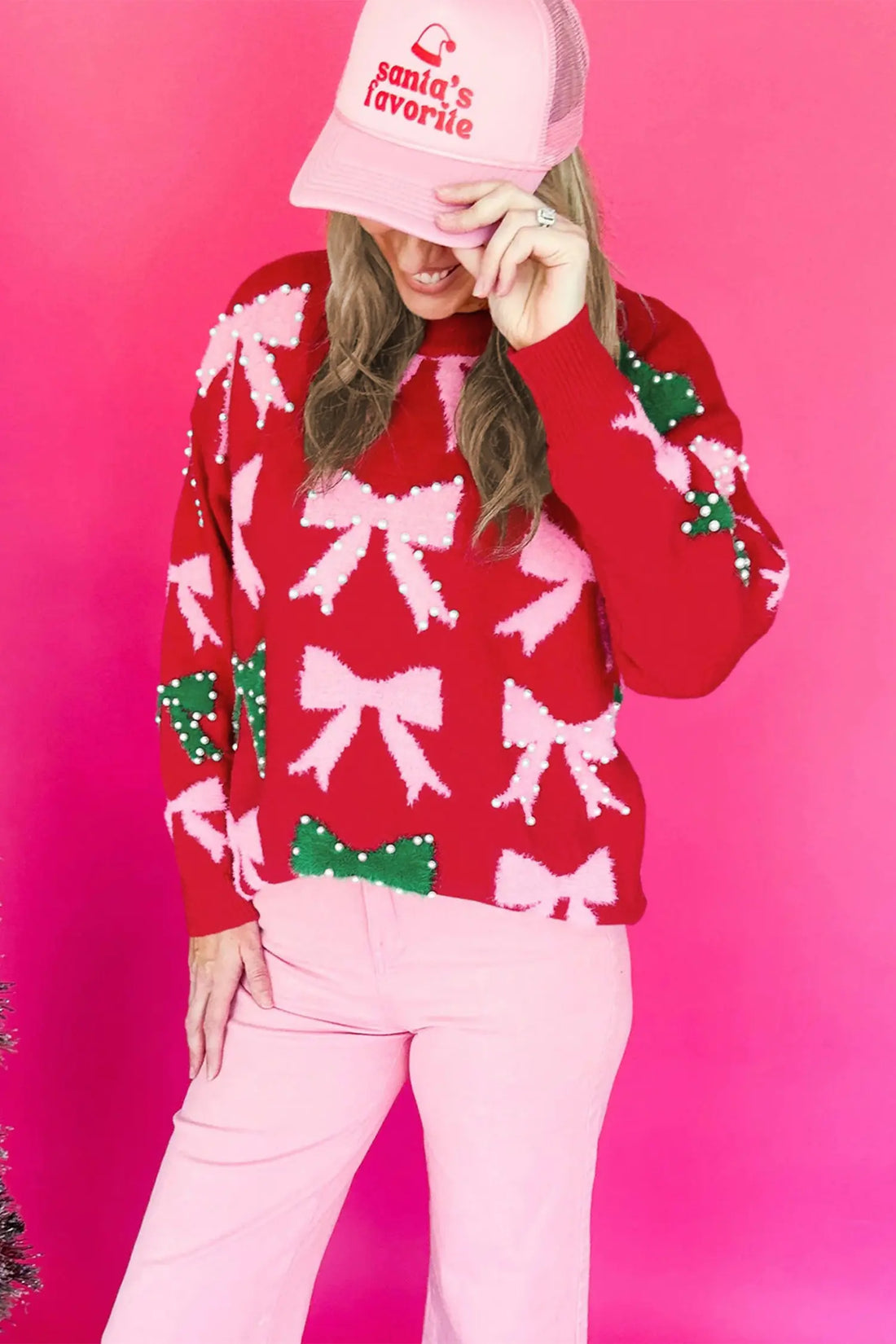 Bow Pearl Embellished Christmas Holiday Sweater