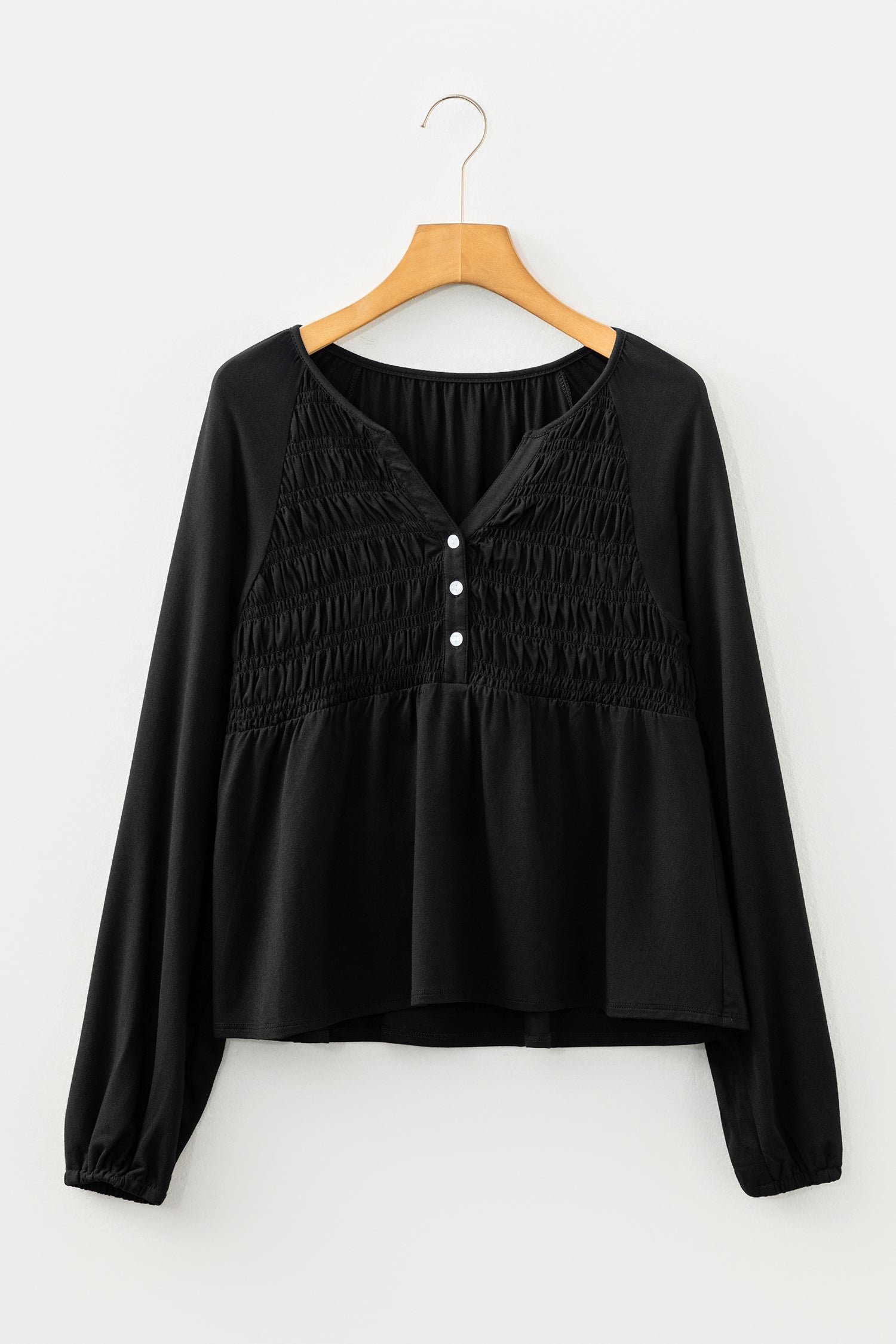 Smocked Bust Buttoned Split V Neck Flow Fit Blouse - Tops/Blouses & Shirts