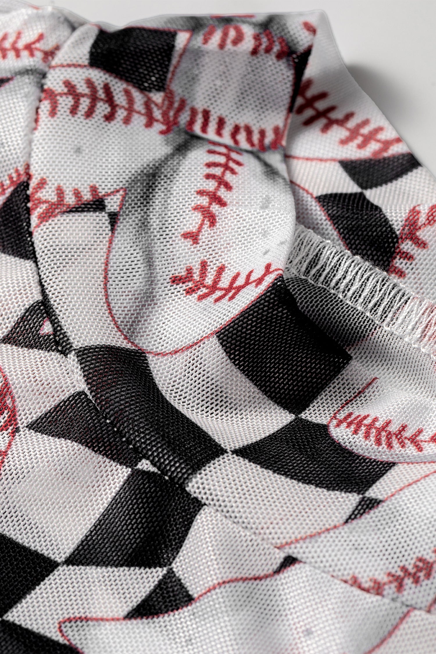 Checkered Baseball Bow Print High Neck Long Sleeve Mesh Top – Black