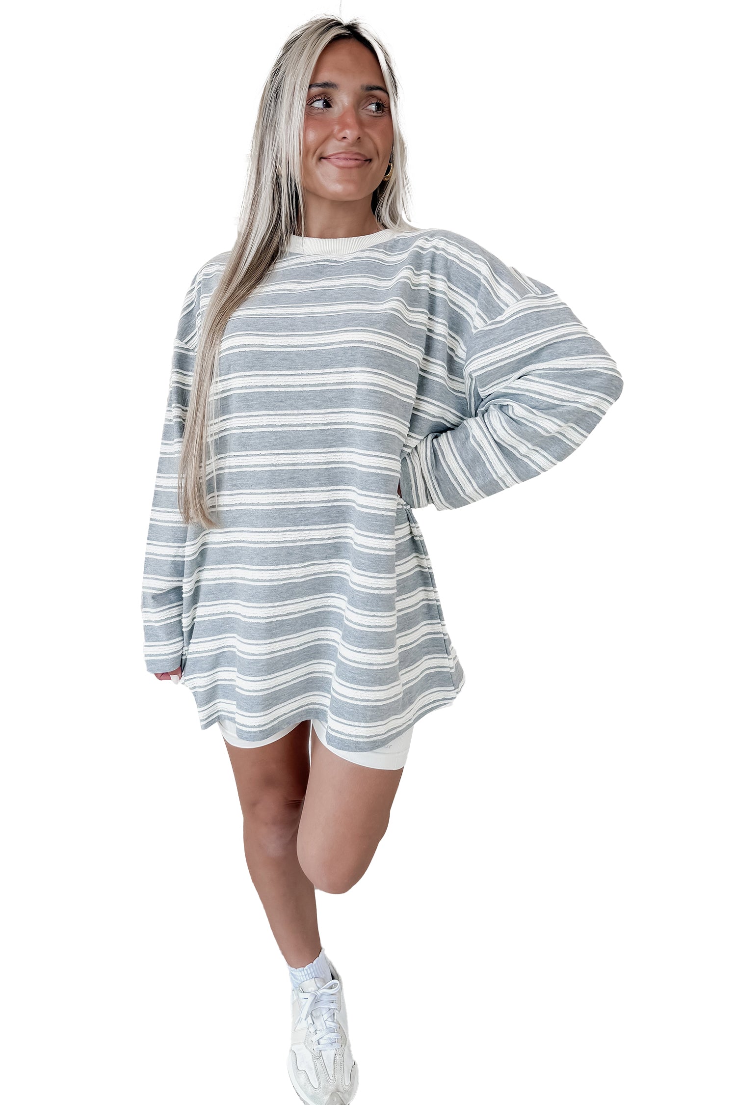 Long Sleeve Round Neck Tunic Top – Gray Stripe