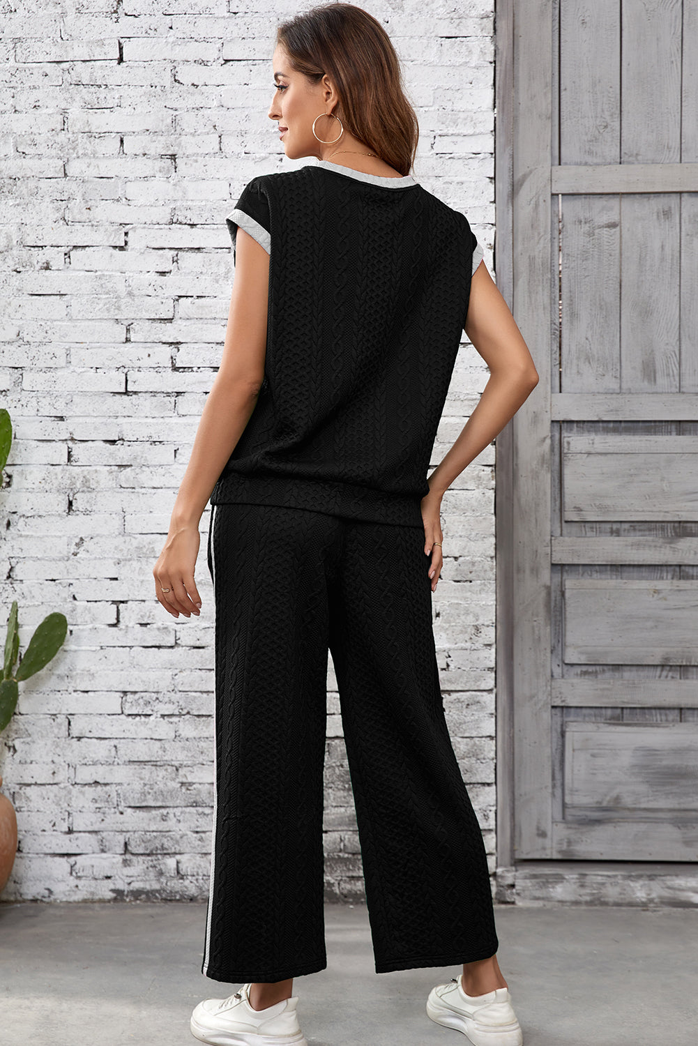 Black Cable Knit Contrast Trim Short Sleeve Top and Trousers Set eAura
