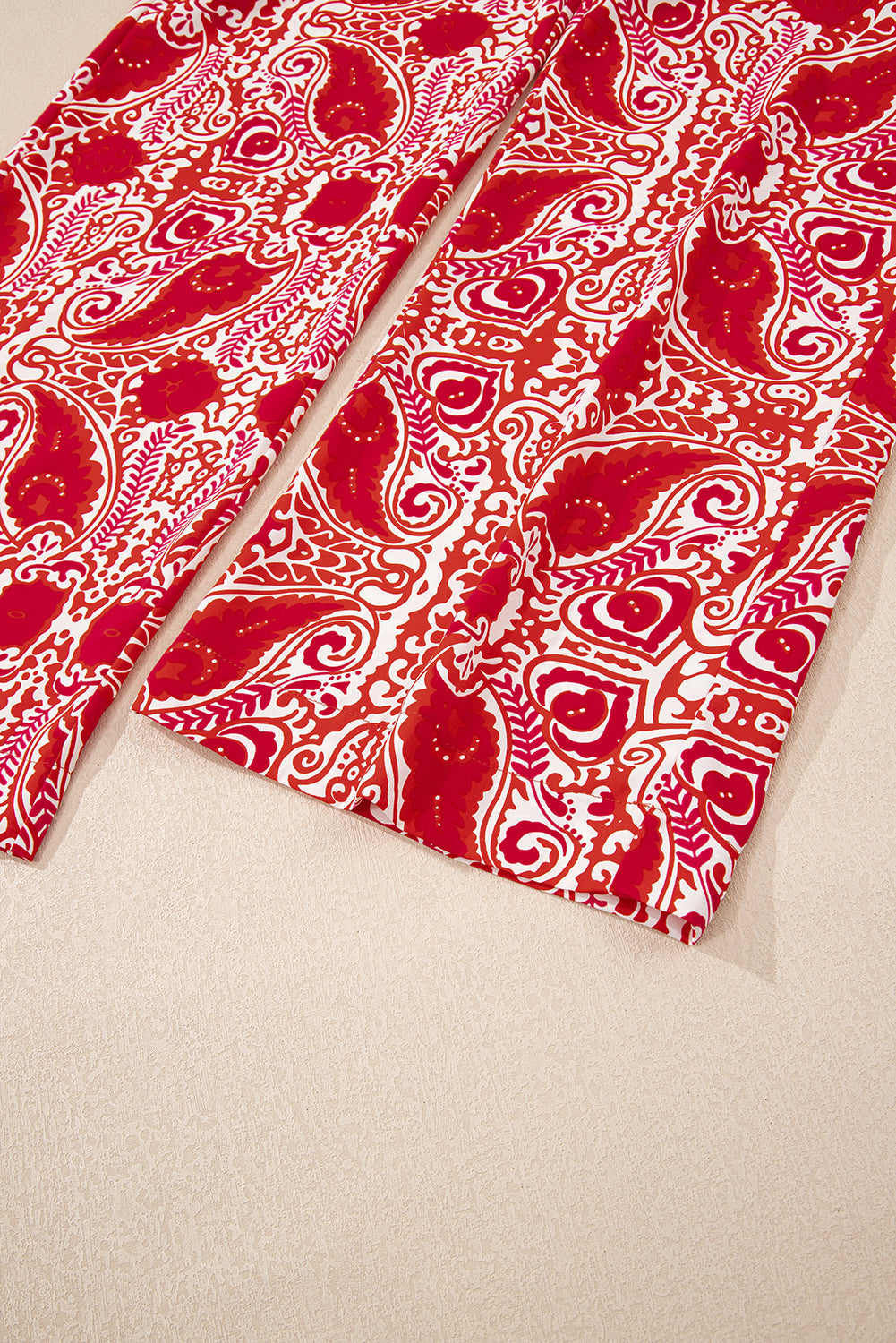 Red Paisley Printed Buttoned High Waist Straight Leg Trousers eAura