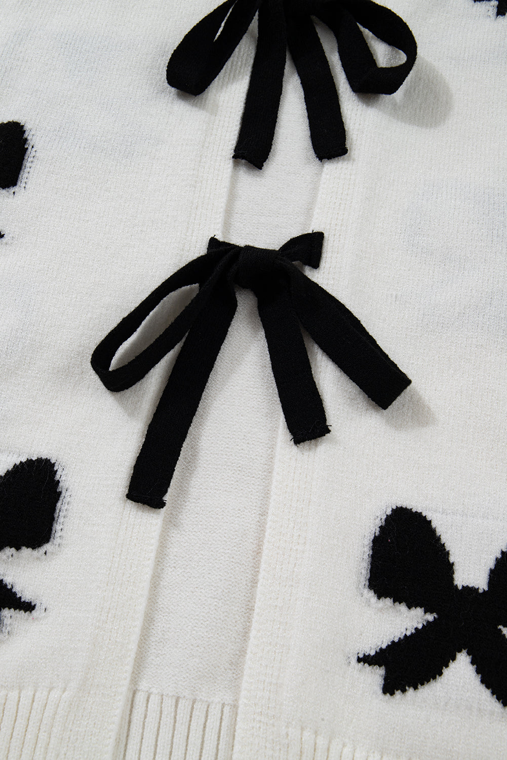 White Lace-up Bow Pattern Sweater Cardigan - eAura