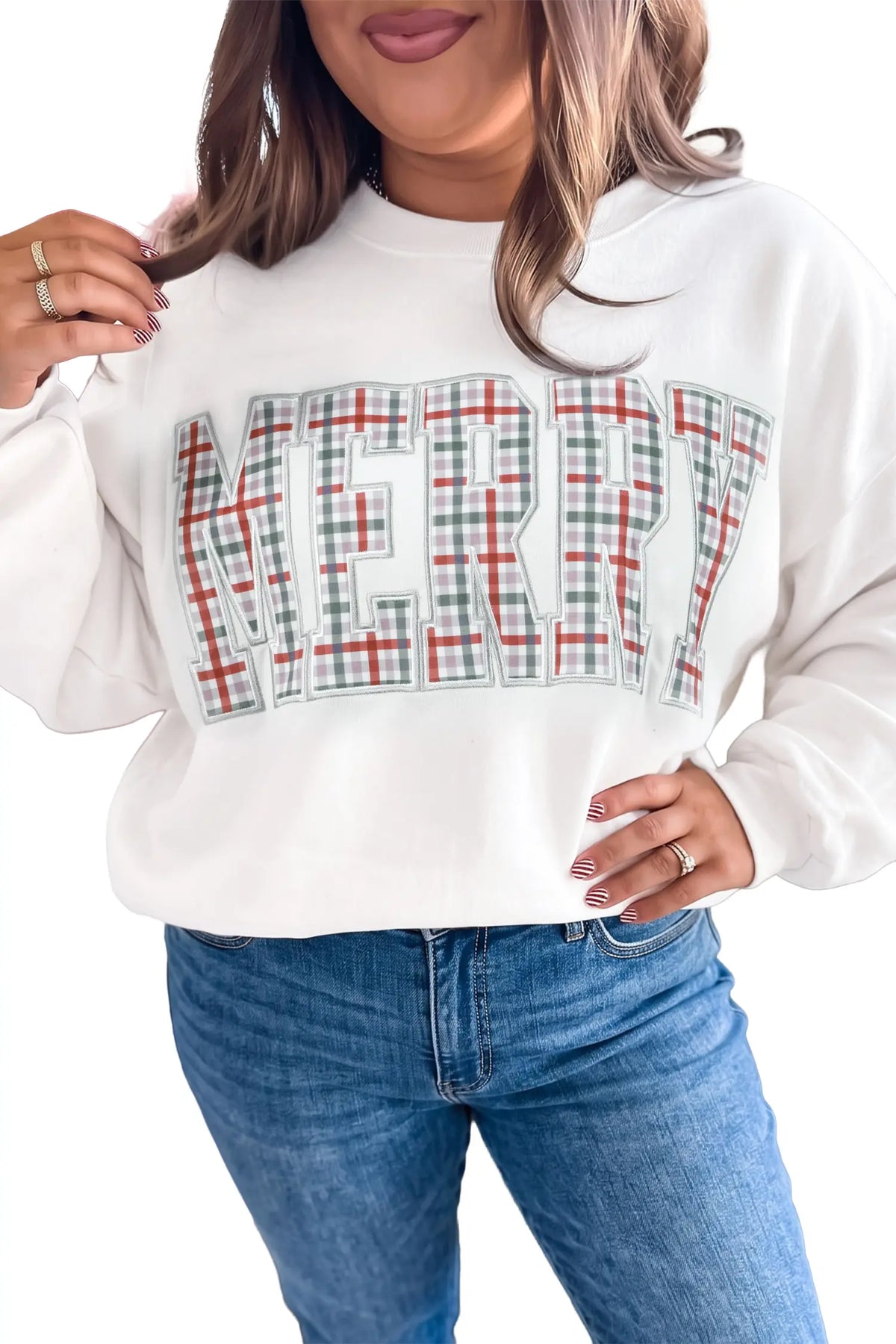 Plus size long sleeve top — MERRY plaid letter print sweatshirt