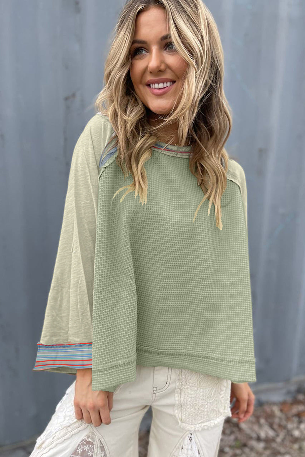 Grapefruit Orange Waffle Knit Wide Bracelet Sleeve Patchwork Raglan Top BB Fashion Outlet