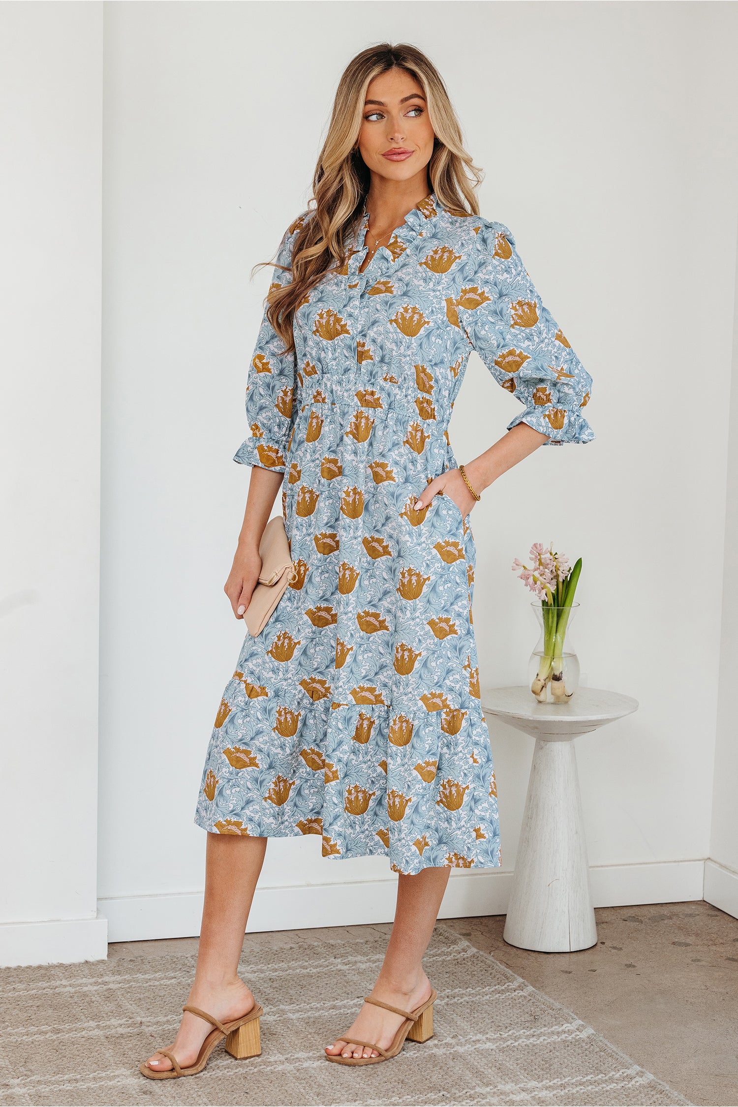 Floral Printed Frilled V-Neck Bracelet Sleeve Long Dress