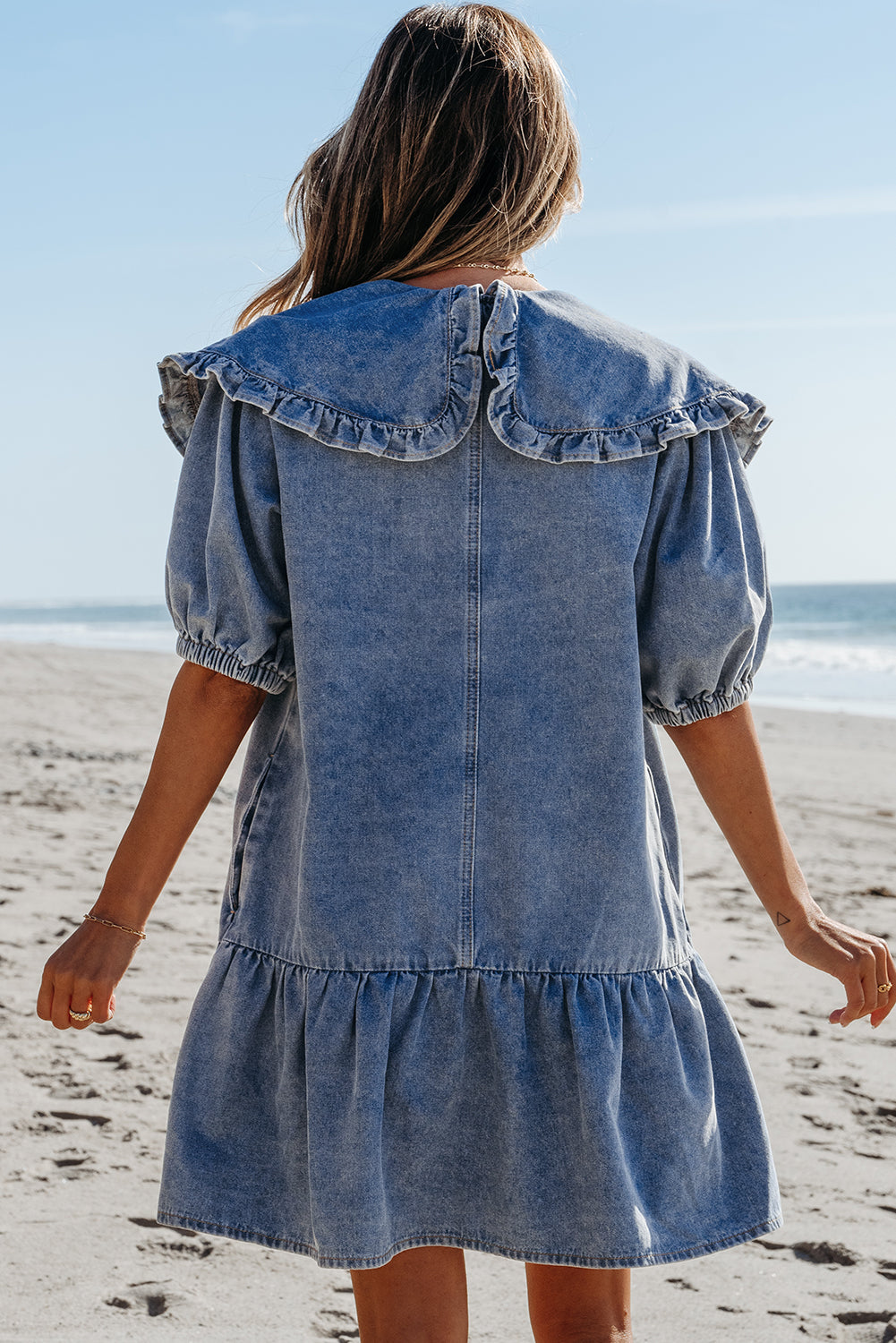 Dusk Blue Ruffled Collared Side Pockets Puff Sleeve Denim Mini Dress eAura