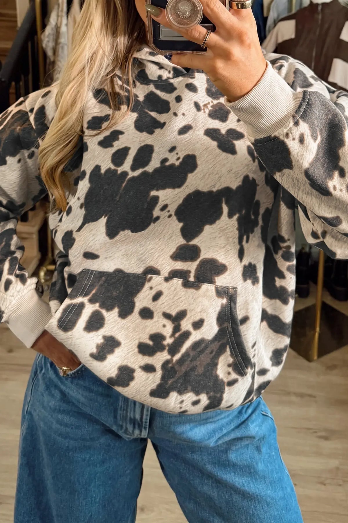 Hoodie Western Print Long Sleeve Pocket Regular Fit