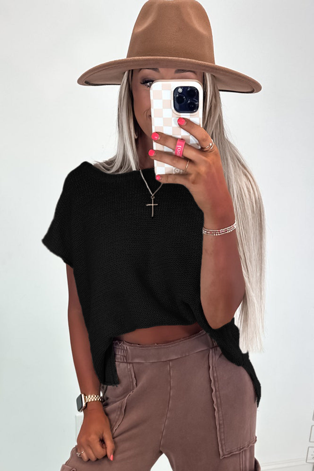 Sachet Pink Solid Color Sweater Tee with Side Slits BB Fashion Outlet
