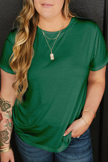 Dark Green Round Neck Rolled Sleeve Plus Size T-shirt BB Fashion Outlet