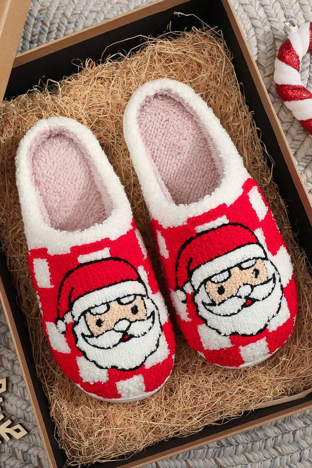 Checkered Santa Claus Graphic Plush Home Slippers - eAura