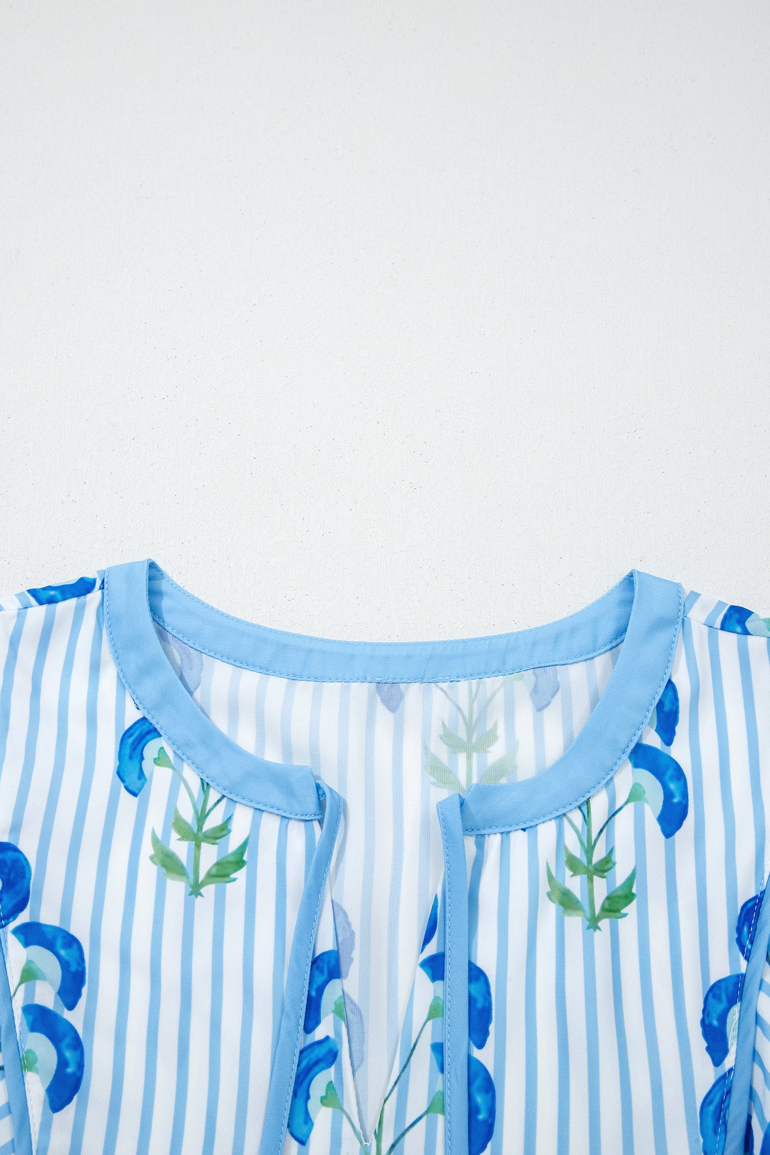 Floral Striped Tie Neck Puff Sleeve Mini Dress – Light Blue & Pink