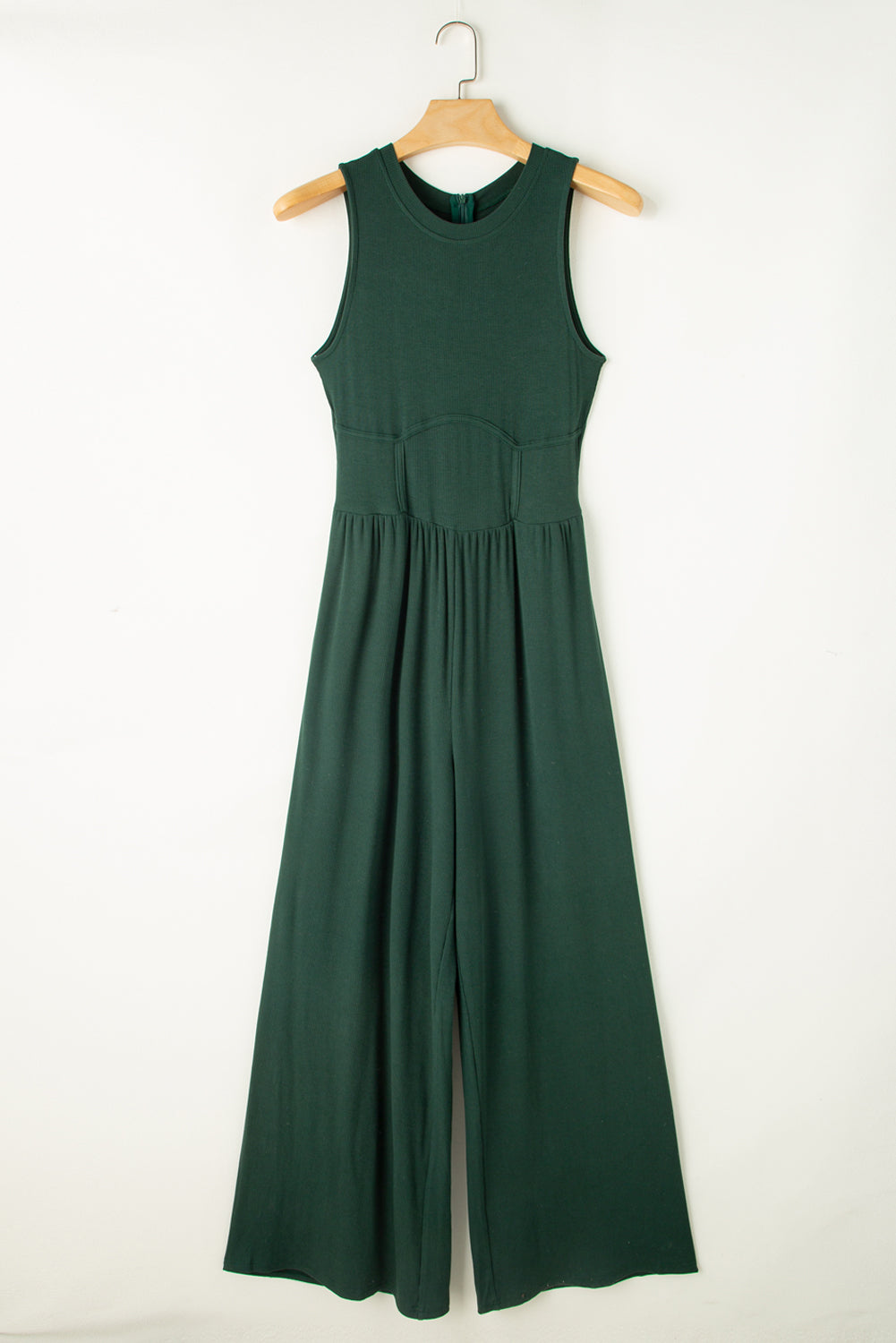Blackish Green Cinched Waist Sleeveless Wide Leg Jumpsuit eAura