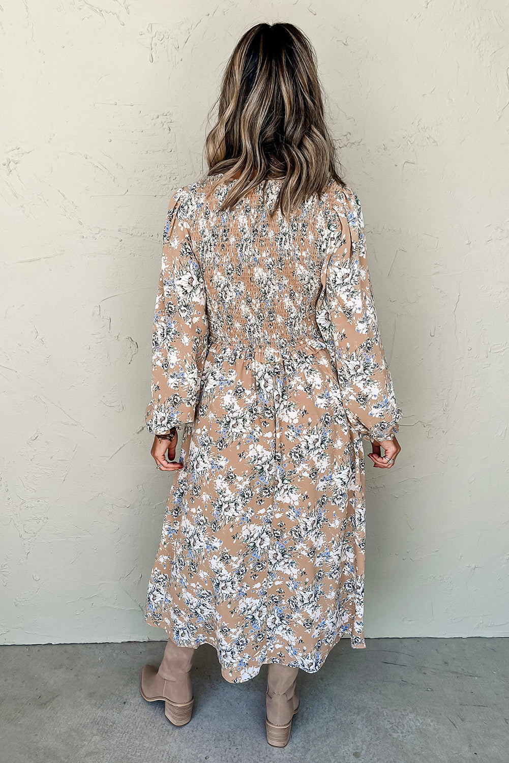 Khaki Maple Grove Floral Smocked Puff Sleeve Long Dress eAura