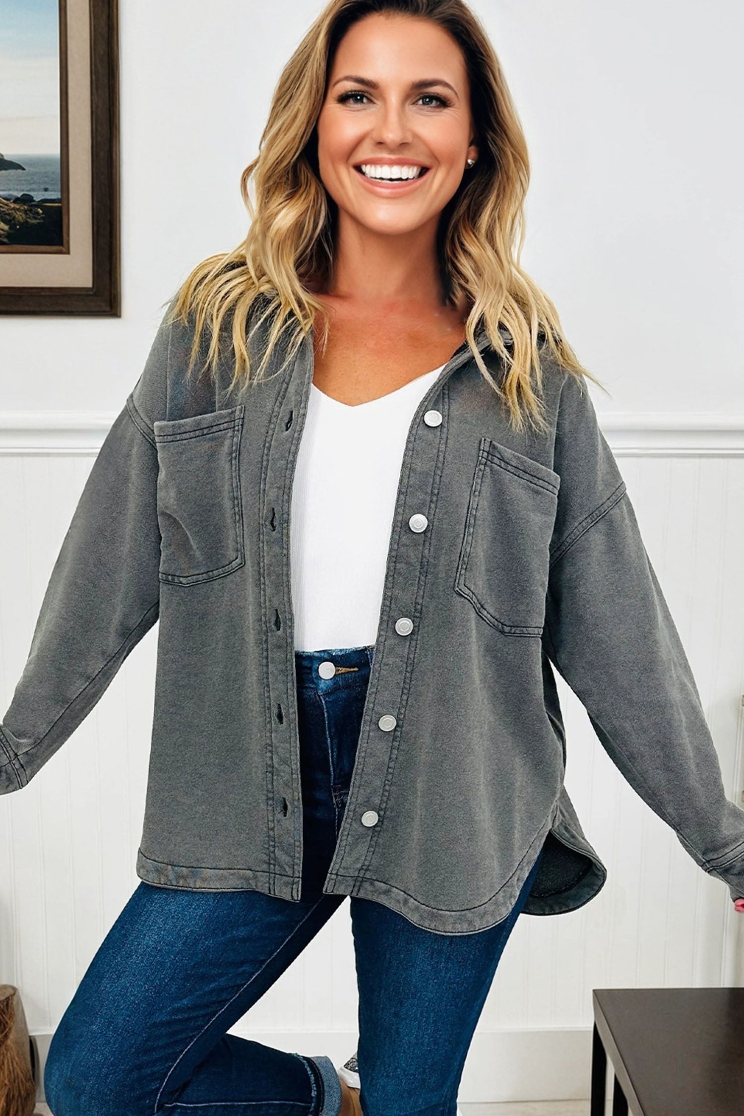 Mineral Wash Chest Pockets Drop Shoulder Shacket with Side Slit - eAura