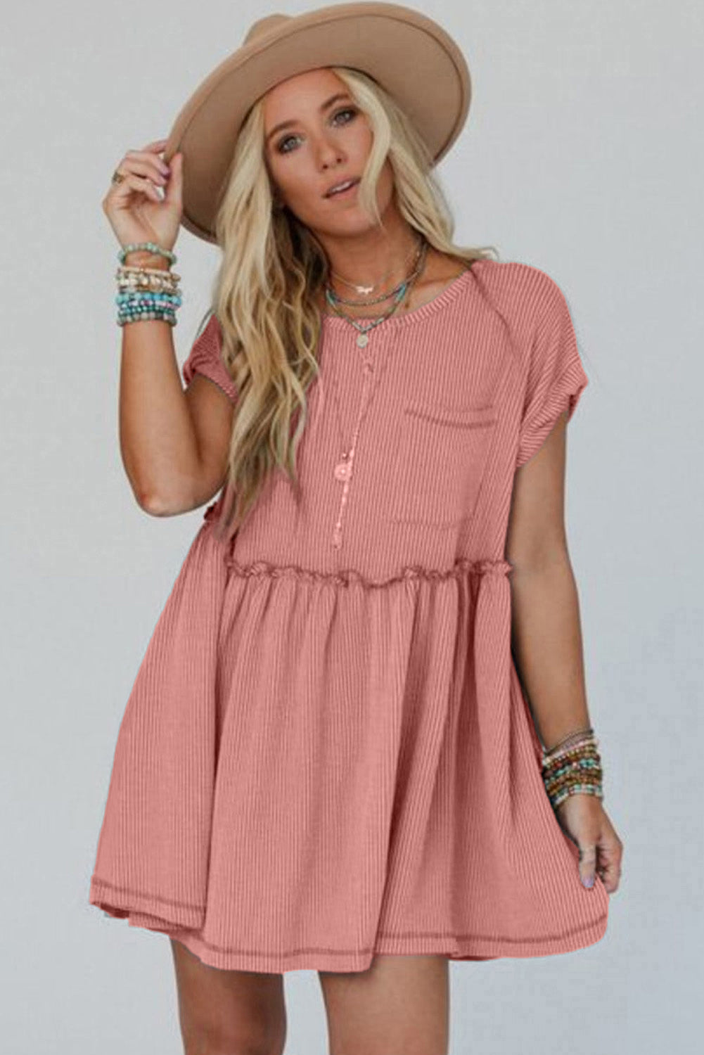 Dusty Pink Cord Textured Swing Mini Dress with Pockets eAura